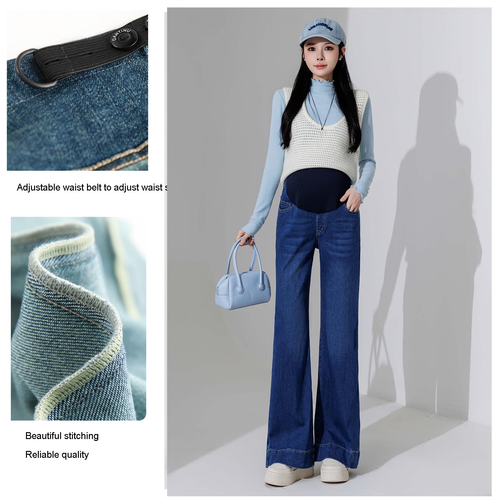 Vaqueros para embarazadas con cintura ajustable, elegantes pantalones vaqueros con bolsillos para mujeres de hasta 175 cm, vaqueros elásticos para embarazadas