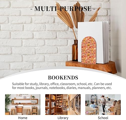 Miniatura 7 de Book Ends for Shelves 1 Pair - Retro Mushroom Flowers Print Wood with Metal Base Bookends for Heavy Books, Book Stand Organizer Holder for Books