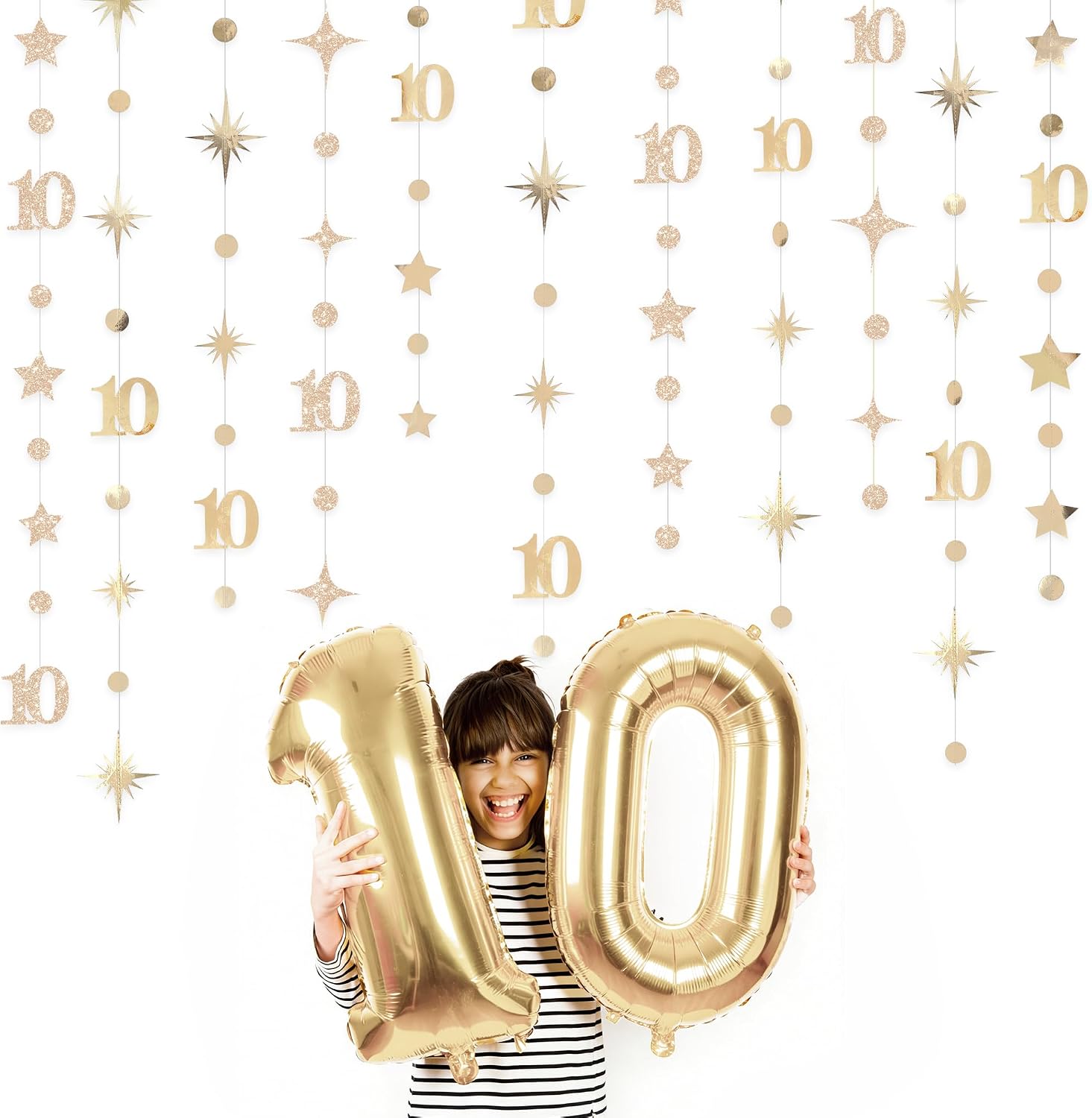 Champagne Gold 10th Birthday Decorations Number 10 Circle Dot Star Garland Streamer Banner Backdrop for Girls Boys Double Digits Cheers to 10 Years Old Birthday Happy 10th Anniversary Party Supplies