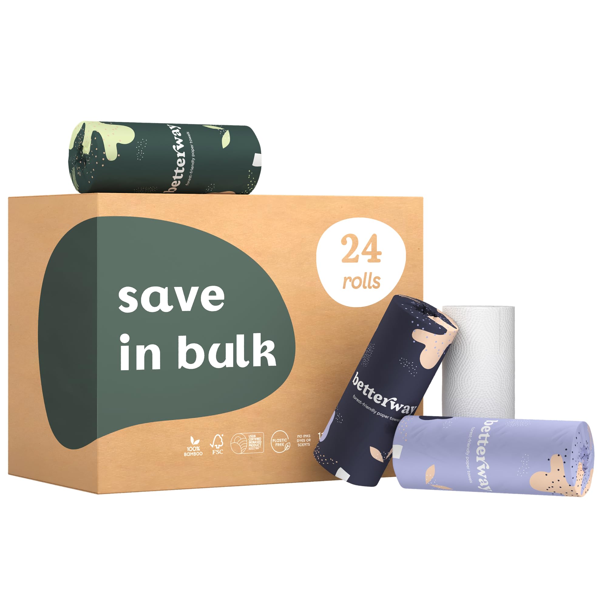 Betterway Bamboo Paper Towels - 24 Rolls, 2 Ply - Plastic Free, Disposable Kitchen Paper Towels - Tree Free, Compostable, Strong &amp; Absorbent