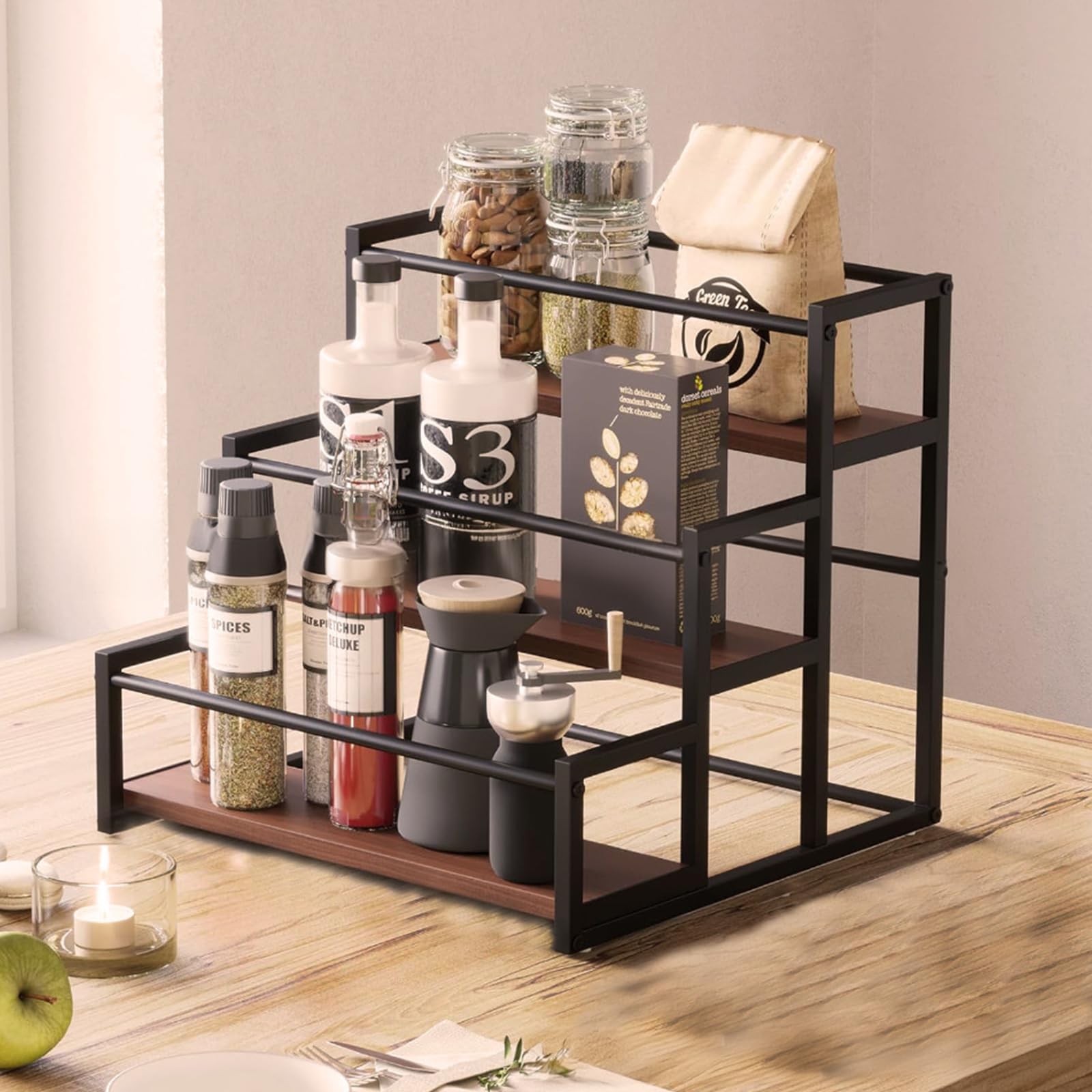 Scaffale per sciroppo di caffè,3 piani, 12 bottiglie,mensole da bar retrò,in legno rustico e filo metallico,supporto per stazione di caffè,per sciroppo, vino, condimenti