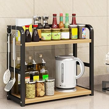 2 Tier Coffee Station Organizer for Countertop Coffee Bar Accessories, Wooden Spice Rack Counter Shelf for Kitchen Storage & Organisation