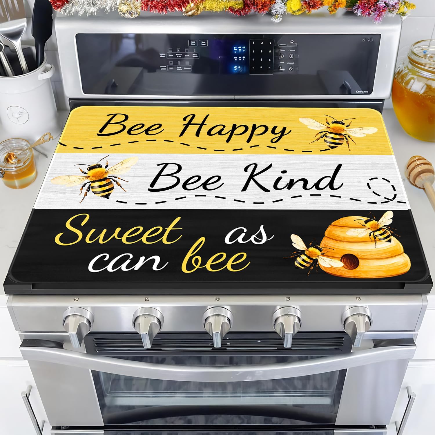 Bee Stove Top Cover for Electric Stove, Honey Bee Range Covers, Black Yellow Range Top Mats, Glass Cooktop Covers 28x20 inch, Beehive Spring Summer Cooktop Cover for Kitchen Home Decors Bee Happy