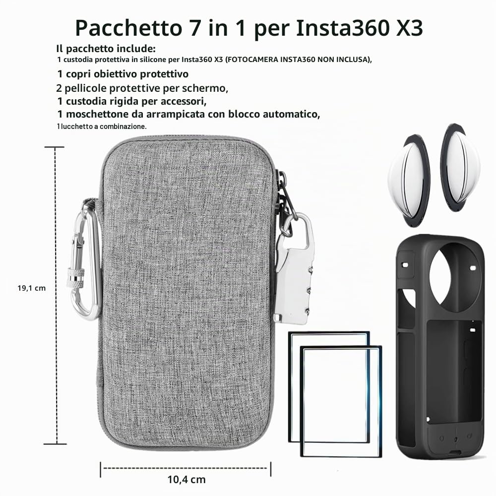 Kit di accessori 7 in 1 compatibile con Insta360 X3 [custodia in silicone per fotocamera][copriobiettivo] [pellicola protettiva per lo schermo] [custodia da trasporto per esterni con