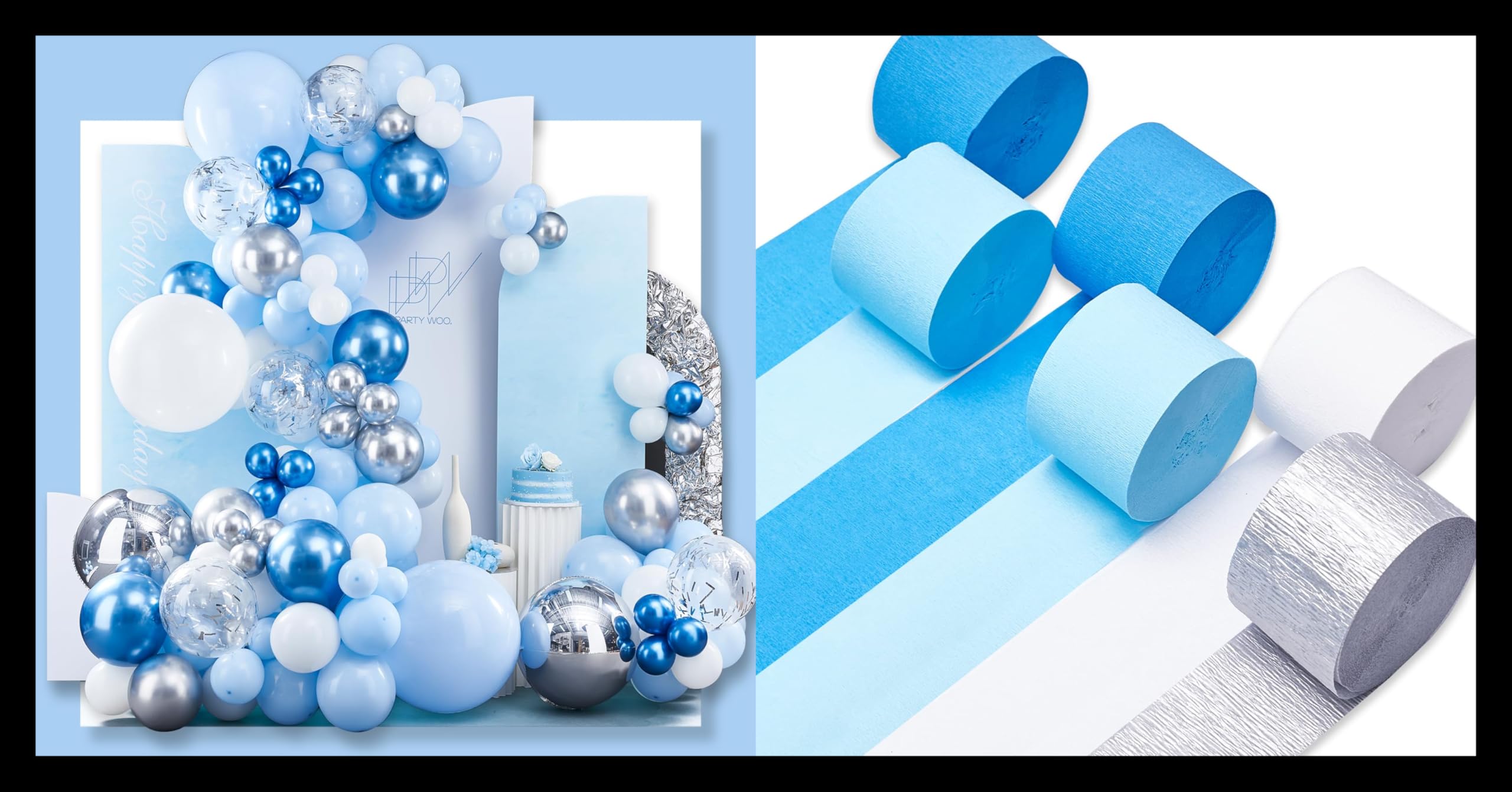 PartyWoo Blue Balloon Garland Kit 140 pcs and PartyWoo Crepe Paper Streamers 6 Rolls 492ft