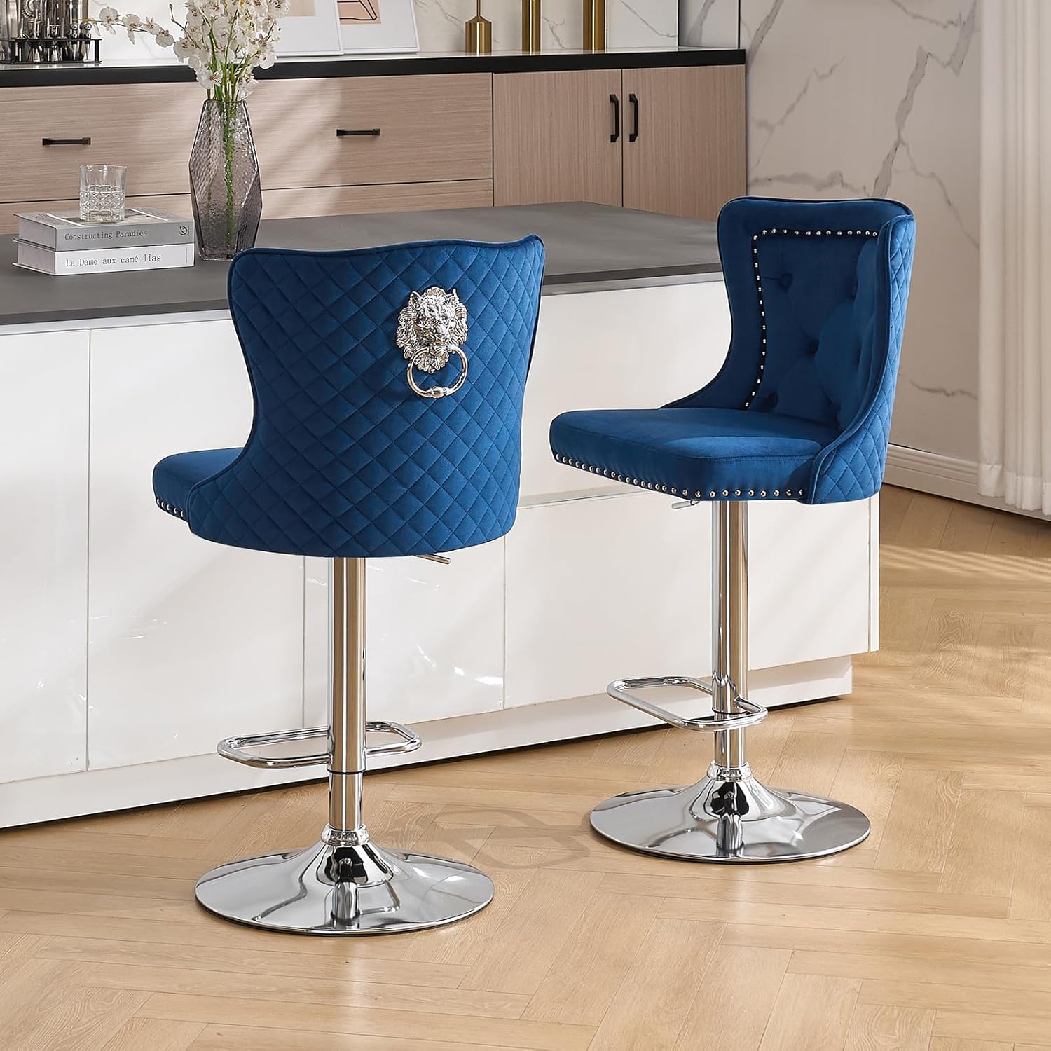 Bar Stools Set of 2, Adjustable Velvet Counter Barstools with Botton Tufted Back Swivel Upholstered Comfy Chairs Lion Head Pull Ring Silver Base for Kitchen Island, Dining Room, Dark Blue