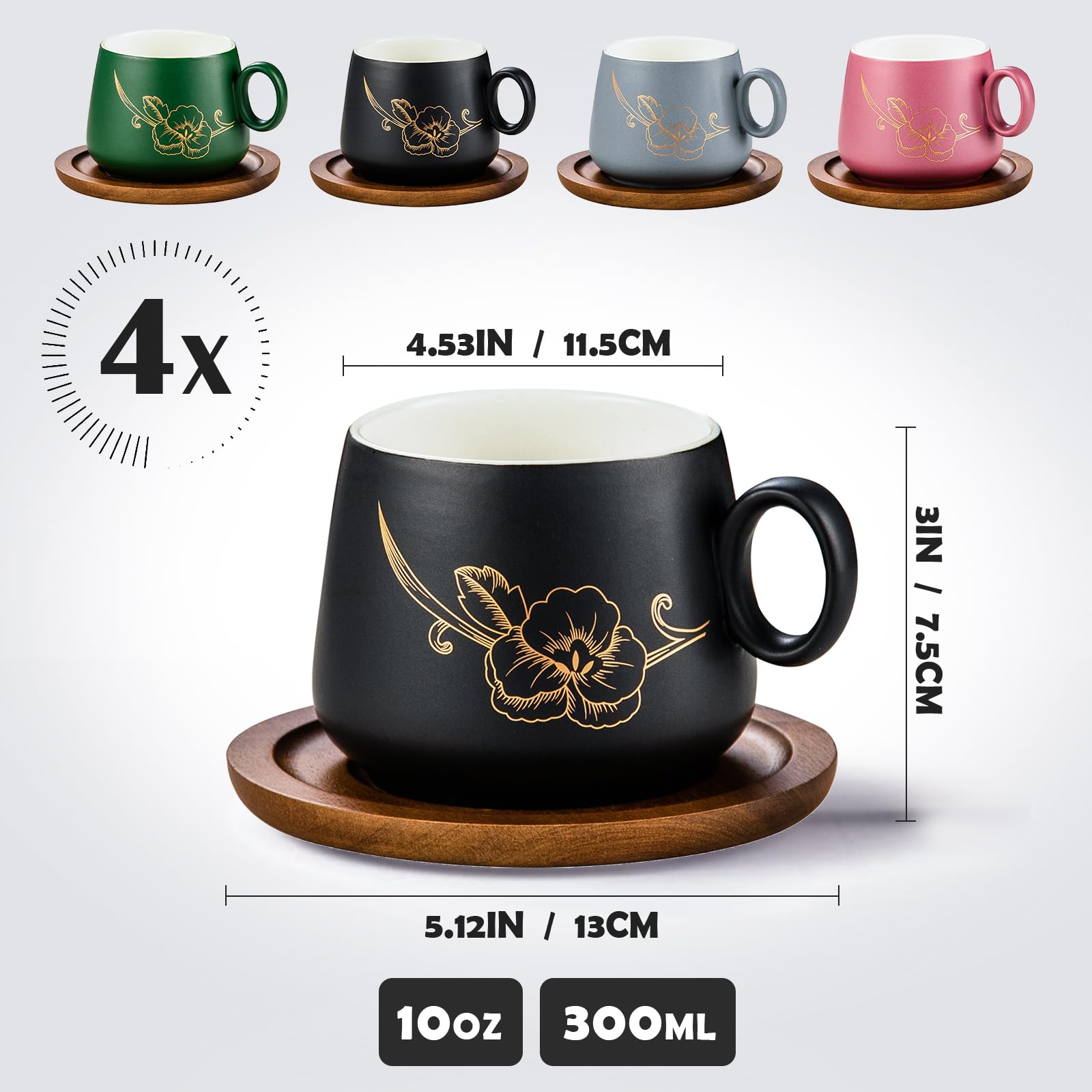 Yundu Matt-Keramik Cappuccino Tassen Set 4er-Set – 300ml Cappuccino Tassen mit Holzuntersetzern & Goldblumen-Design, Kaffeetassen Set mit Untertasse für Latte Art, Espressotassen, Tee