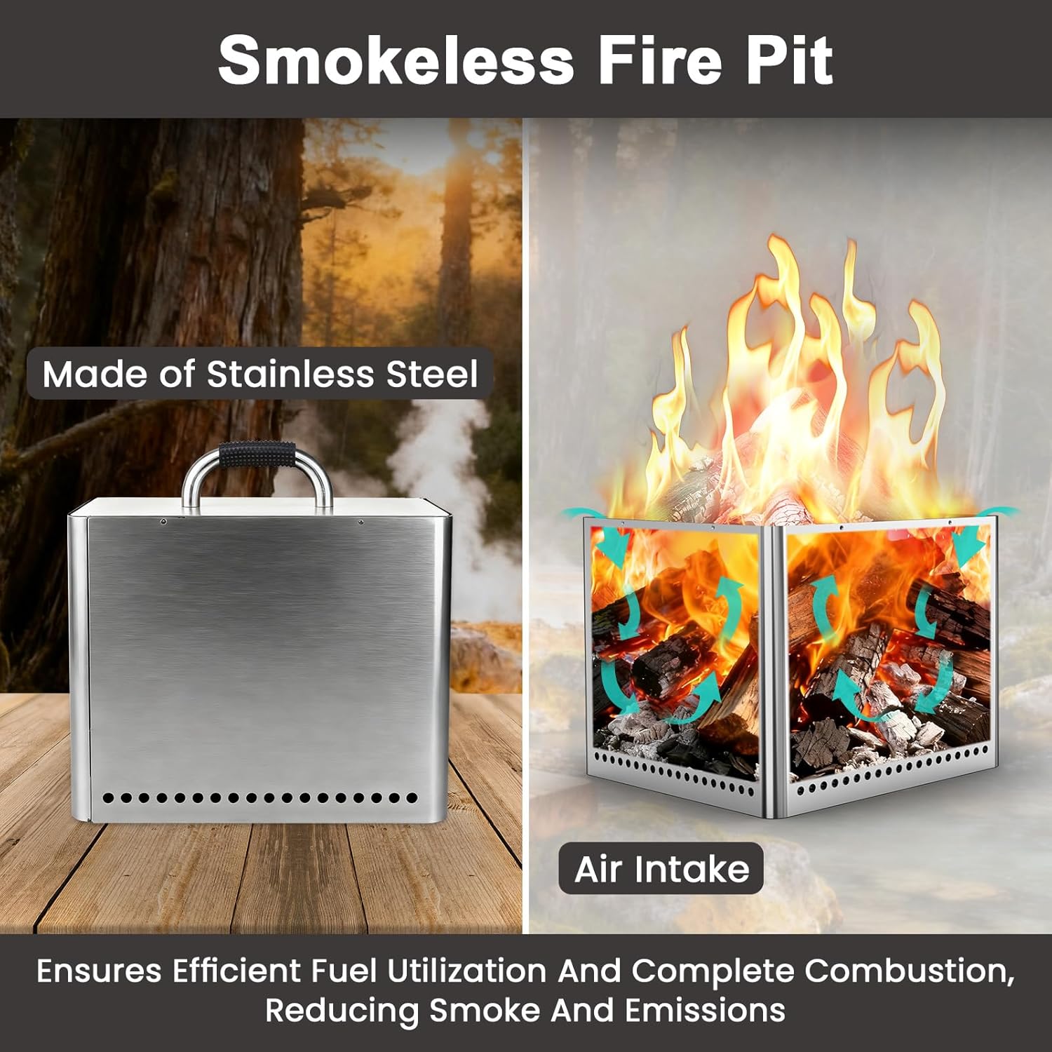 Uniflasy 48" Fire Pit Surround Tabletop with 17" Smokeless Fire Pit, Portable Protective Barrier Equal Width, Safety & Extra Space, Outdoor Tabletop & Smokeless Firepit for Backyard, Camping & Party
