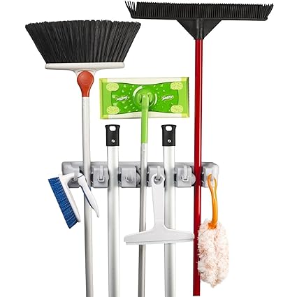 Kriya Wall Mounted Brush Broom and Mop Holder/Magic Holder Storage 5 Hooks and 4 Slots Wall Rack