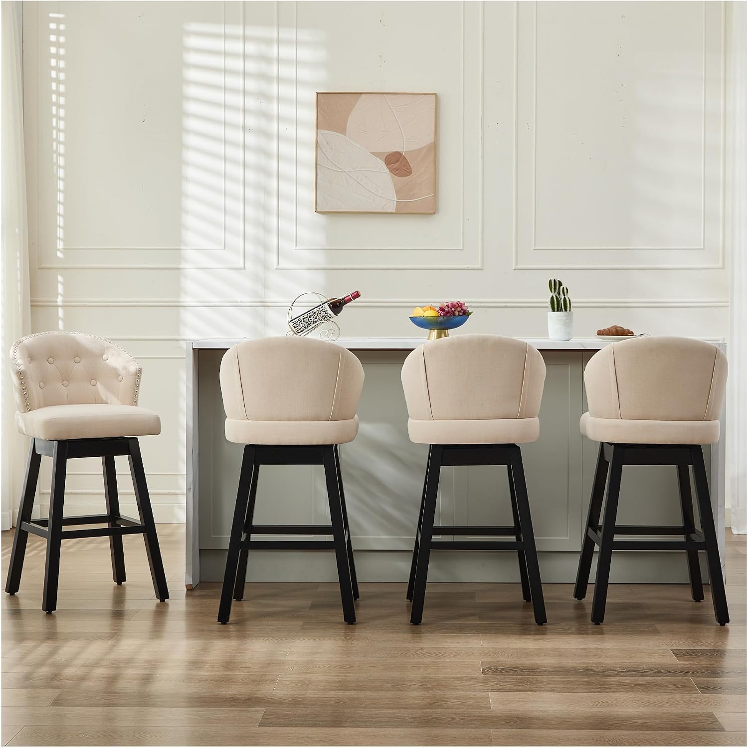 29''Swivel Bar Stools Set of 2, Upholstered Barstools with Backs, Modern Counter Height Bar Stool Chairs for Kitchen Island, Wood Legs, Counter Stools