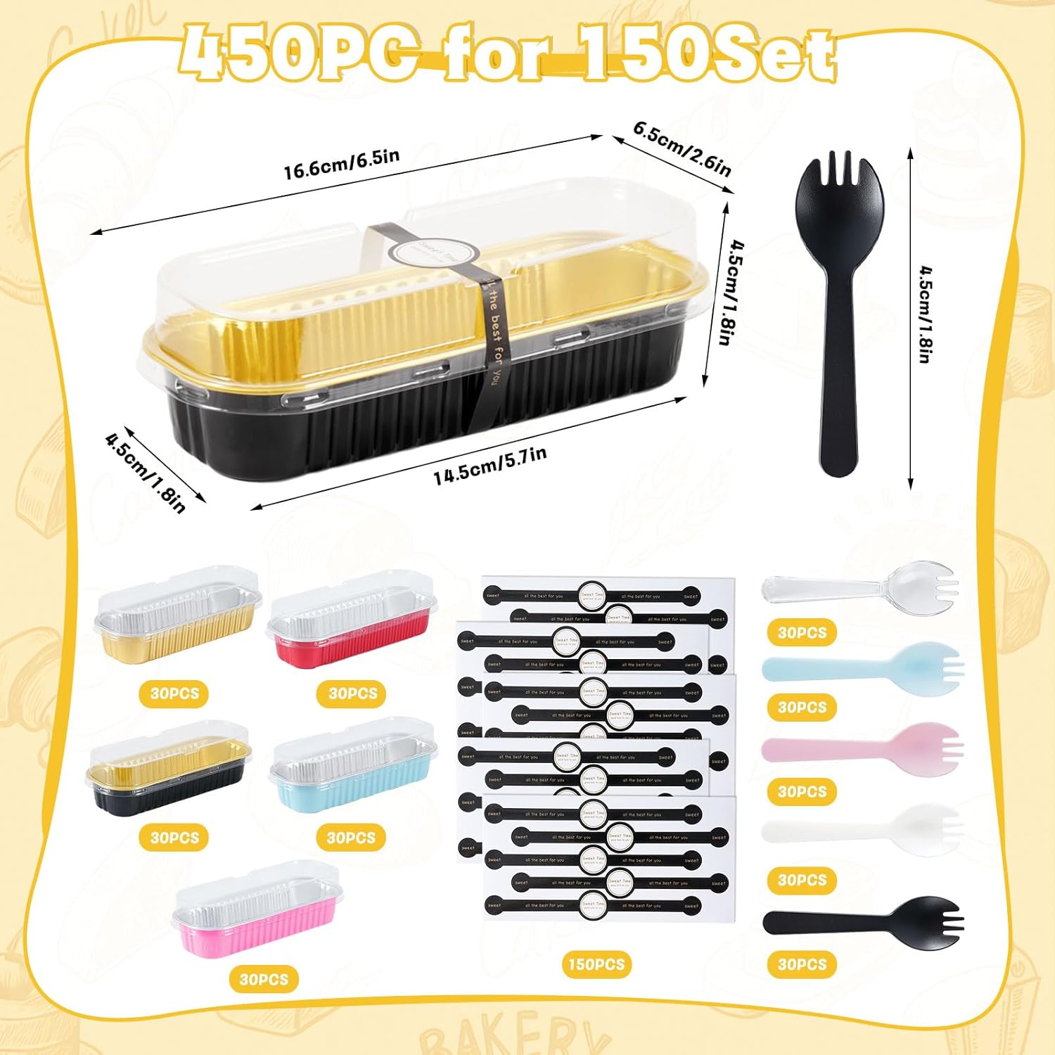150 Pack Mini Loaf Pans with Lids and Spoons, 6.8oz Mini Cake Pans + Spoons + stickers Set, Small Cake Containers With Lids, Rectangular Aluminum Foil Baking Pans for Party (Multi-Color) - Image 2