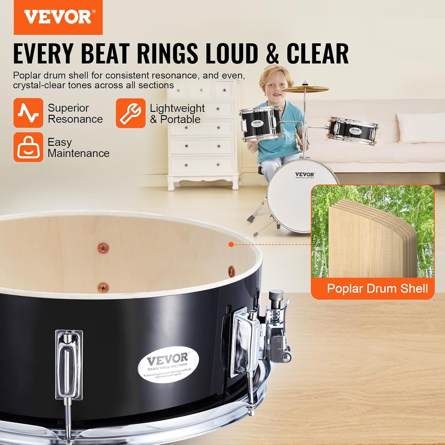 VEVOR Kids Drum Set, 14 in 3-Piece Beginner Drum Sets Junior Drums Set with Adjustable Throne, Two Pairs of Drumsticks, Cymbal, Pedal，Tom Snare Bass, Starter Drum Kit for Children, Black