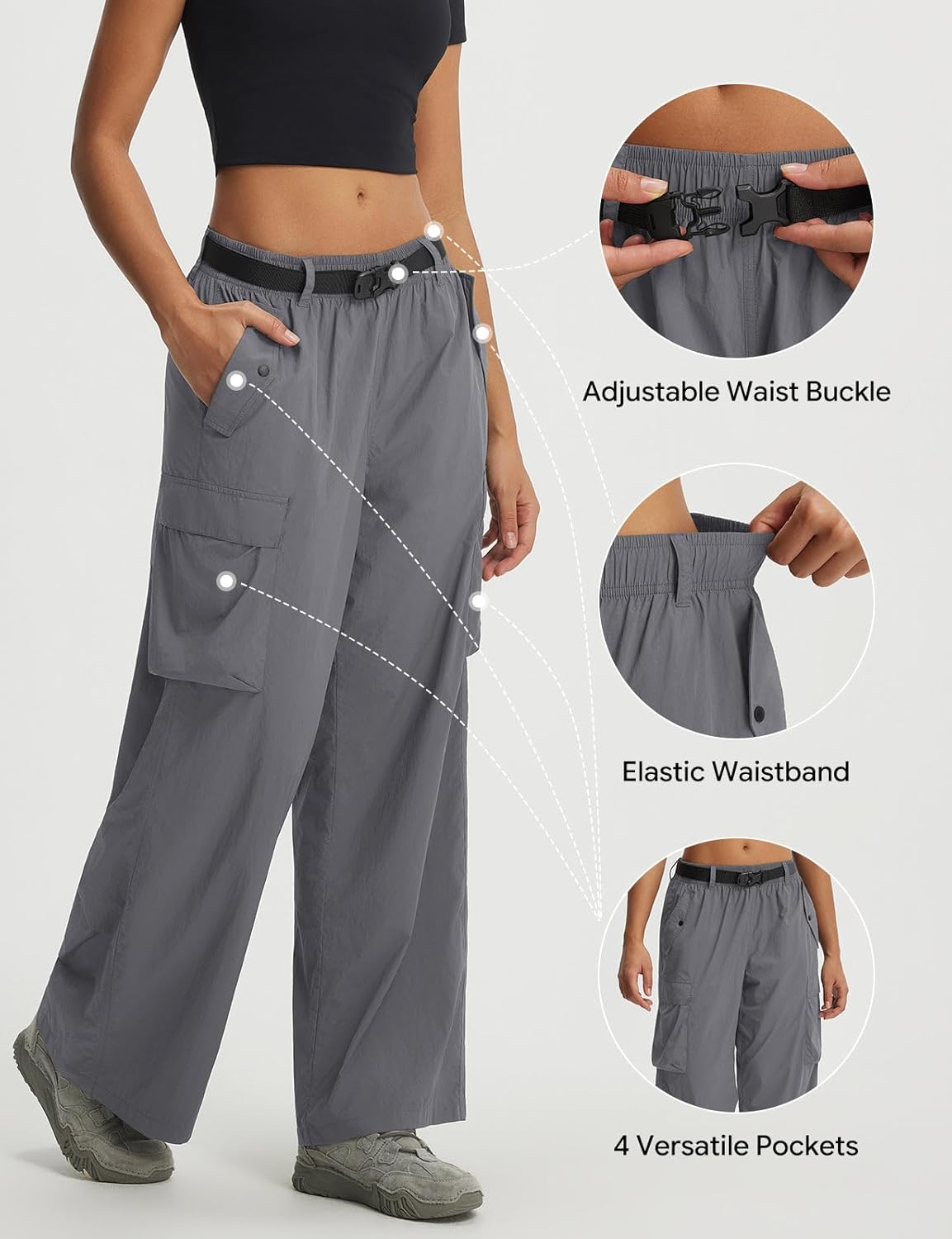 baleaf Women's Parachute Pants Lightweight Cargo Pant Quick Dry Water Resistant Baggy Wide Leg with 4 Pockets Hiking - Image 4