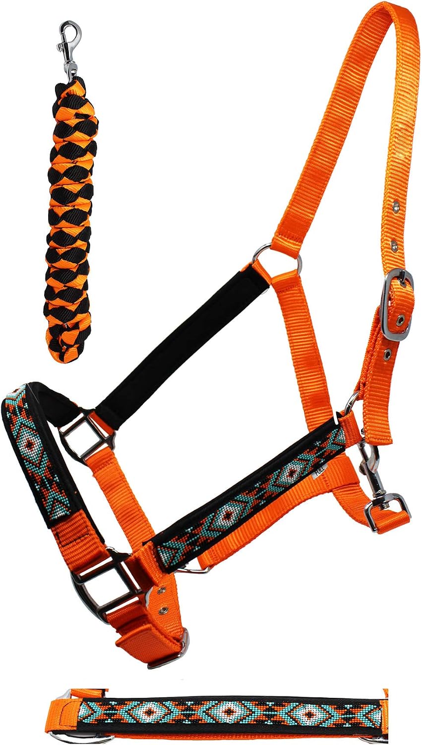 CHALLENGER Horse Cob Nylon Beaded Neoprene Padded Adjustable Halter Lead Orange 606175OR-C