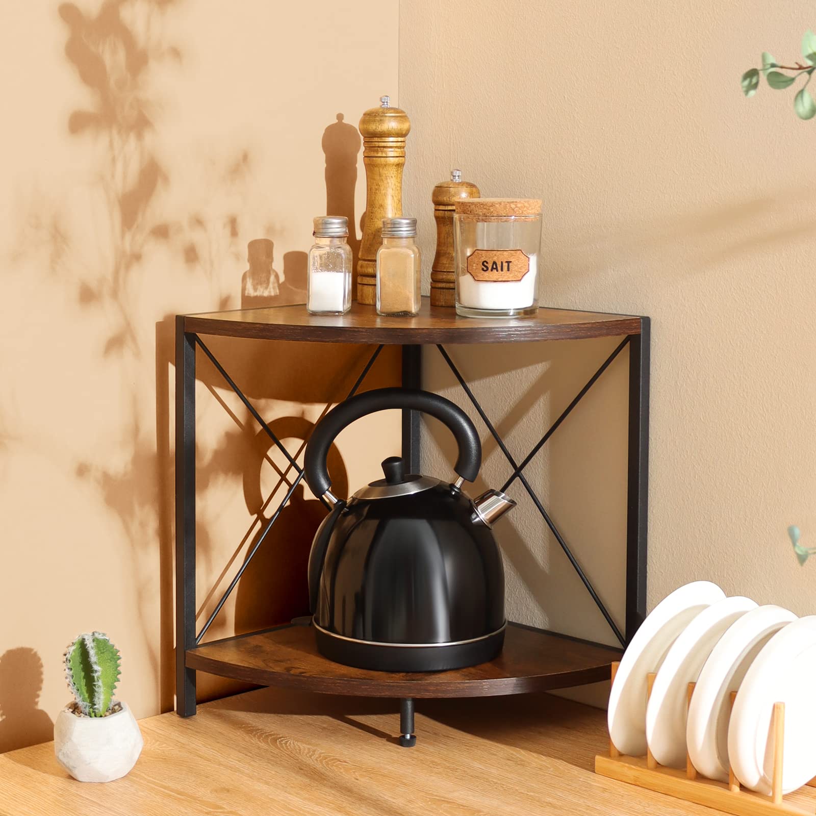 Safona 2 Tier Wood Spice Rack, Kitchen Corner Shelf, Countertop Storage Shelf, Desktop Storage Organiser, Multifunctional Shelf for Kitchen, Dining Room, Office, 33 x 33 x 40 cm