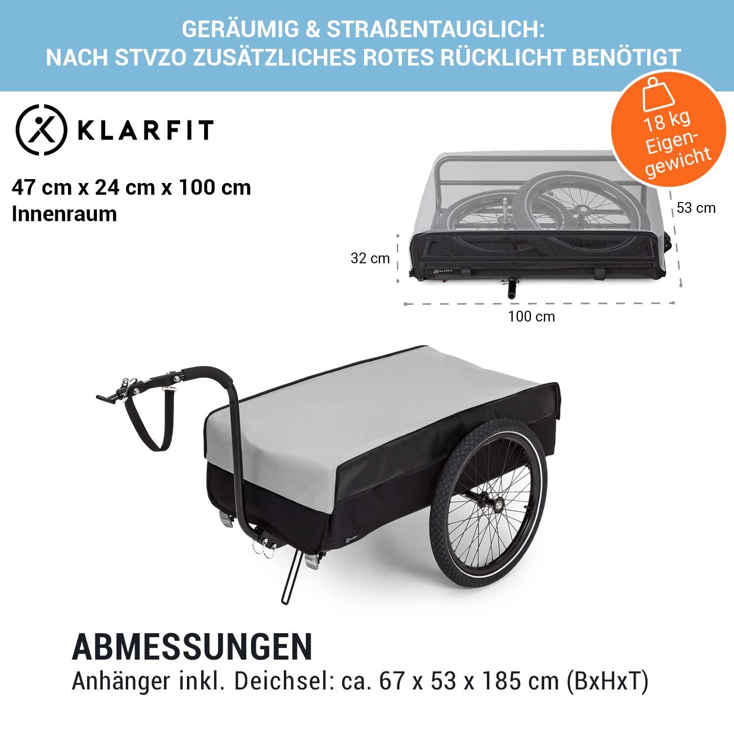 Klarfit Companion Fahrradanhänger - Lastenanhänger Fahrrad mit großer Ladefläche: 42 x 63 cm (BxT), Fahrradanhänger Lastenanhänger mit ca. 50 L Fassungsvermögen, 40 kg Ladegewicht