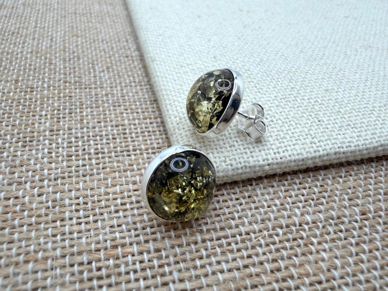 Classic Round Cognac or Green Amber Stud Earrings – 10 mm Cabochon in Sterling Silver
