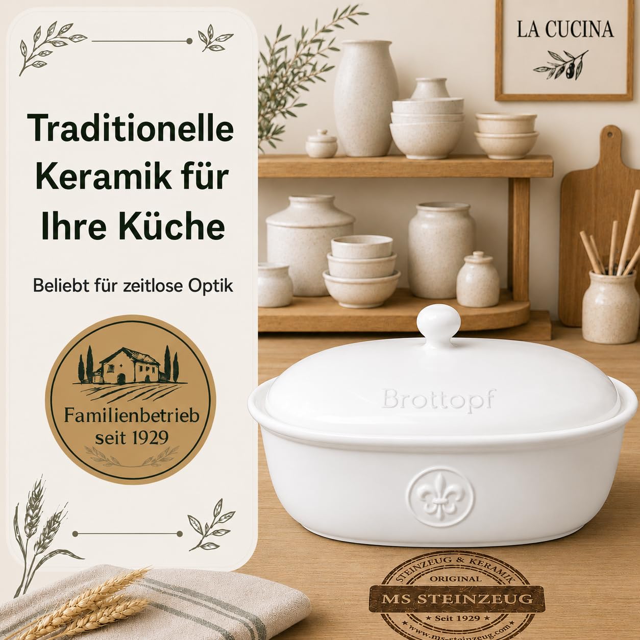 Brottopf in weiss - Brotkasten - oval - Steingut mit Belüftung | Glasierter Steingut-Brotkasten für ordentliche Brotaufbewahrung – hält Brot länger frisch dank seitlicher Belüftung