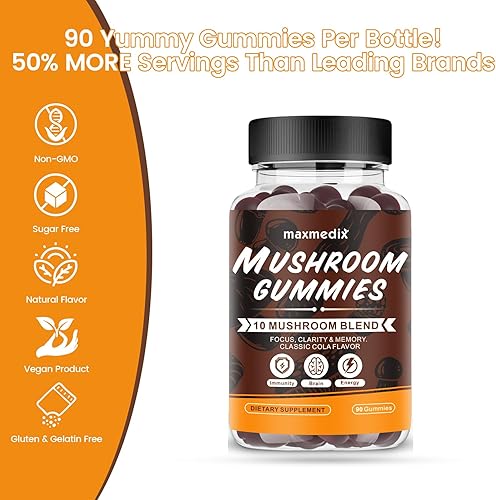Miniatura 5 de maxmedix Gomitas de hongos - Suplemento de hongos 10 veces con Ashwagandha y melena de león, refuerzo del cerebro, apoyo inmunológico, energía,