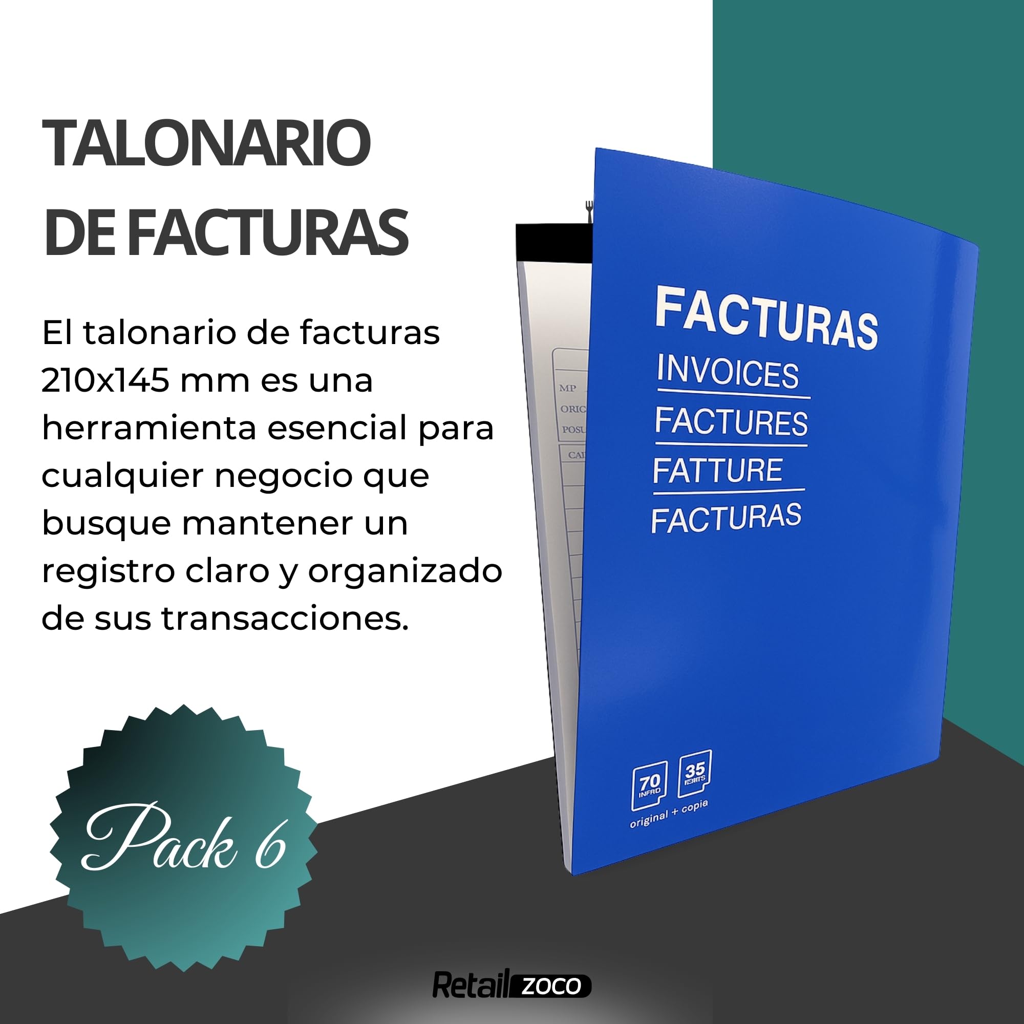 Talonarios facturas, Libreta de Facturas, Talonario para autonomos, 70 hojas, 35 juegos original + copia, autocopiativo, Matriz de corte, Tamaño 210x145 mm, Pack de 6 talonarios - imagen 2