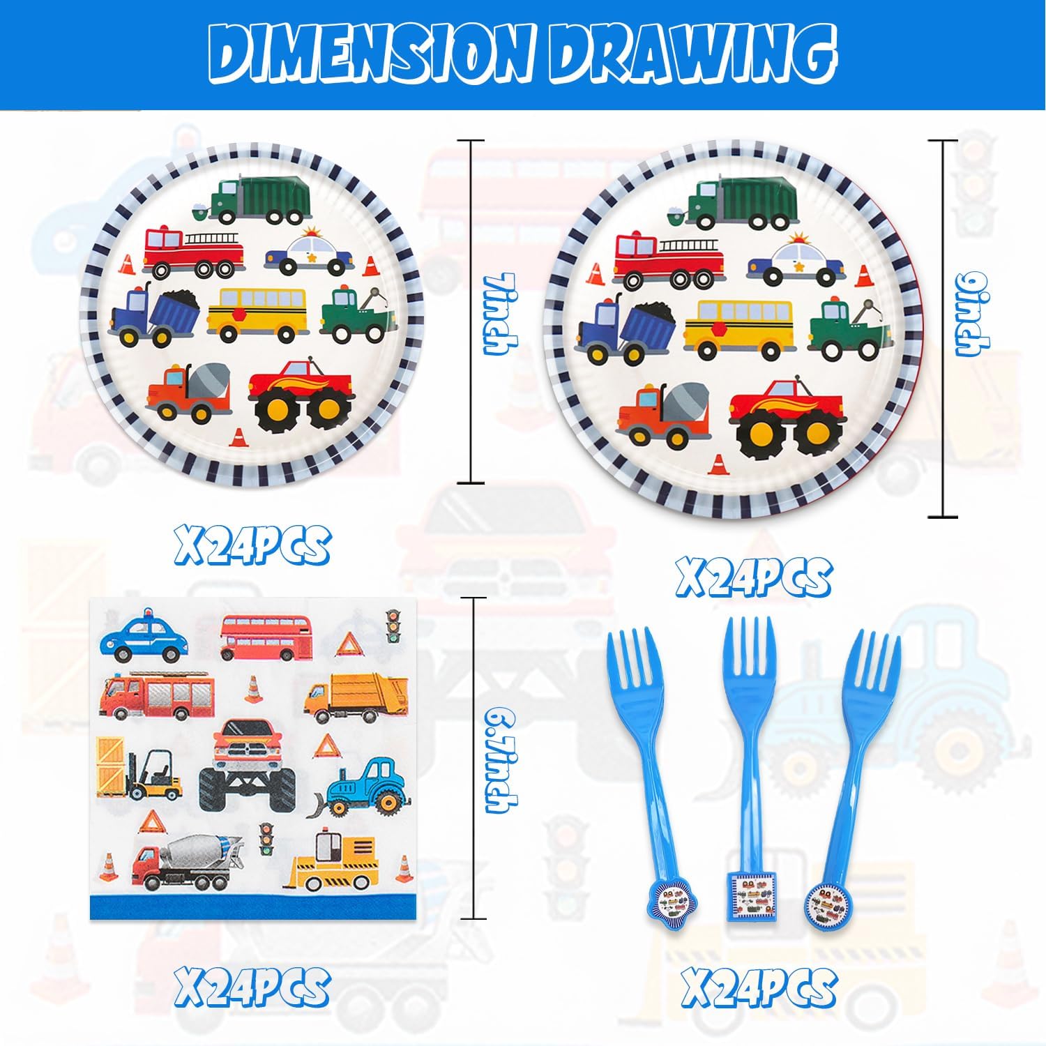 96Pcs Tansportation Party Supplies Traffic Cars Trucks Theme Tableware Set Plates Napkins Forks Serves 24 Guests Transport Vehicle Baby Shower Birthday Party Decorations - Image 2