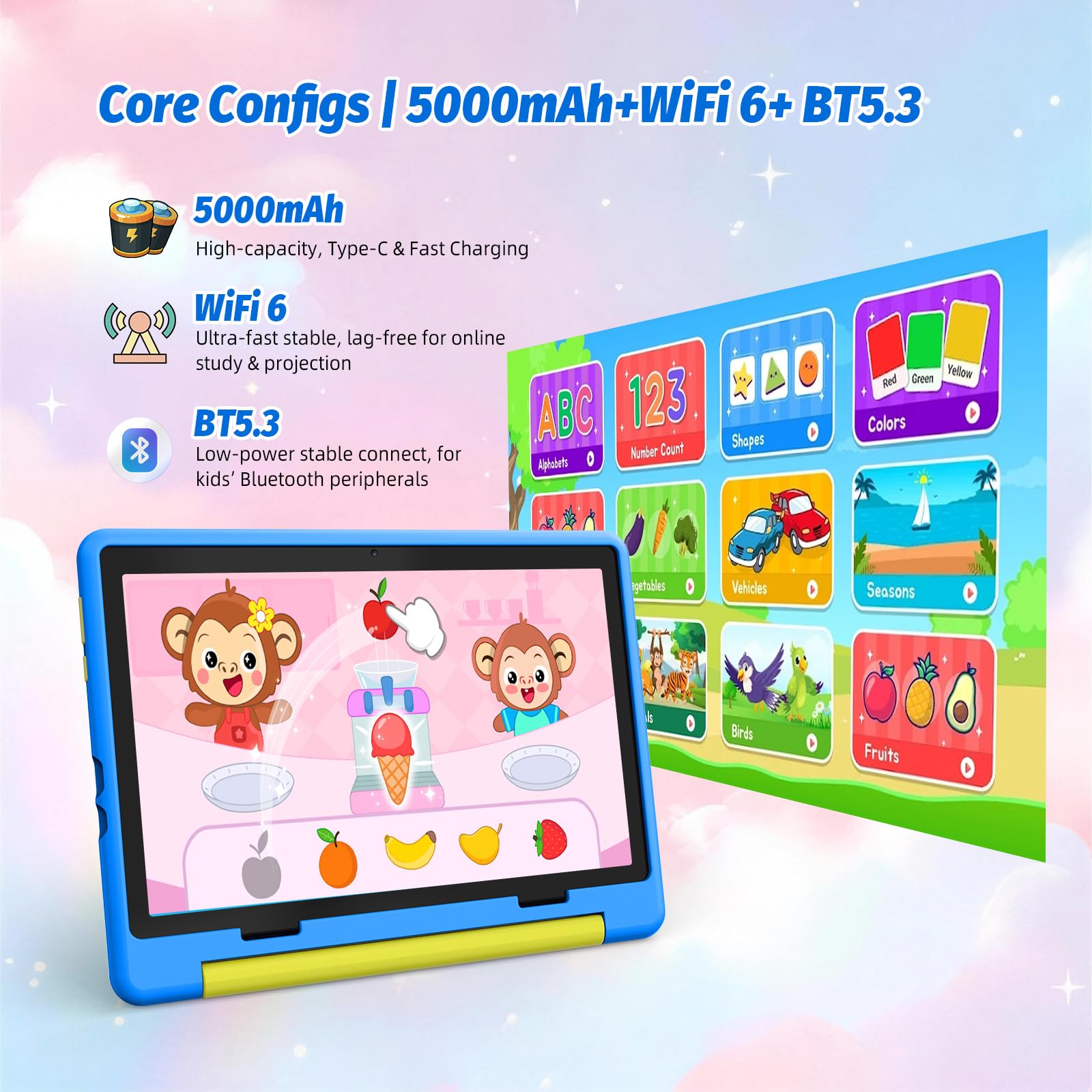 Kids Tablet 10 Inch, Android 15 Tablet for Kids | 20GB+64GB+1TB Expand | Face ID & Parental Control | 5000mAh & Fast Charging | 5MP+8MP | WiFi 6 | BT 5.3 | Protective Case,Blue — view 7