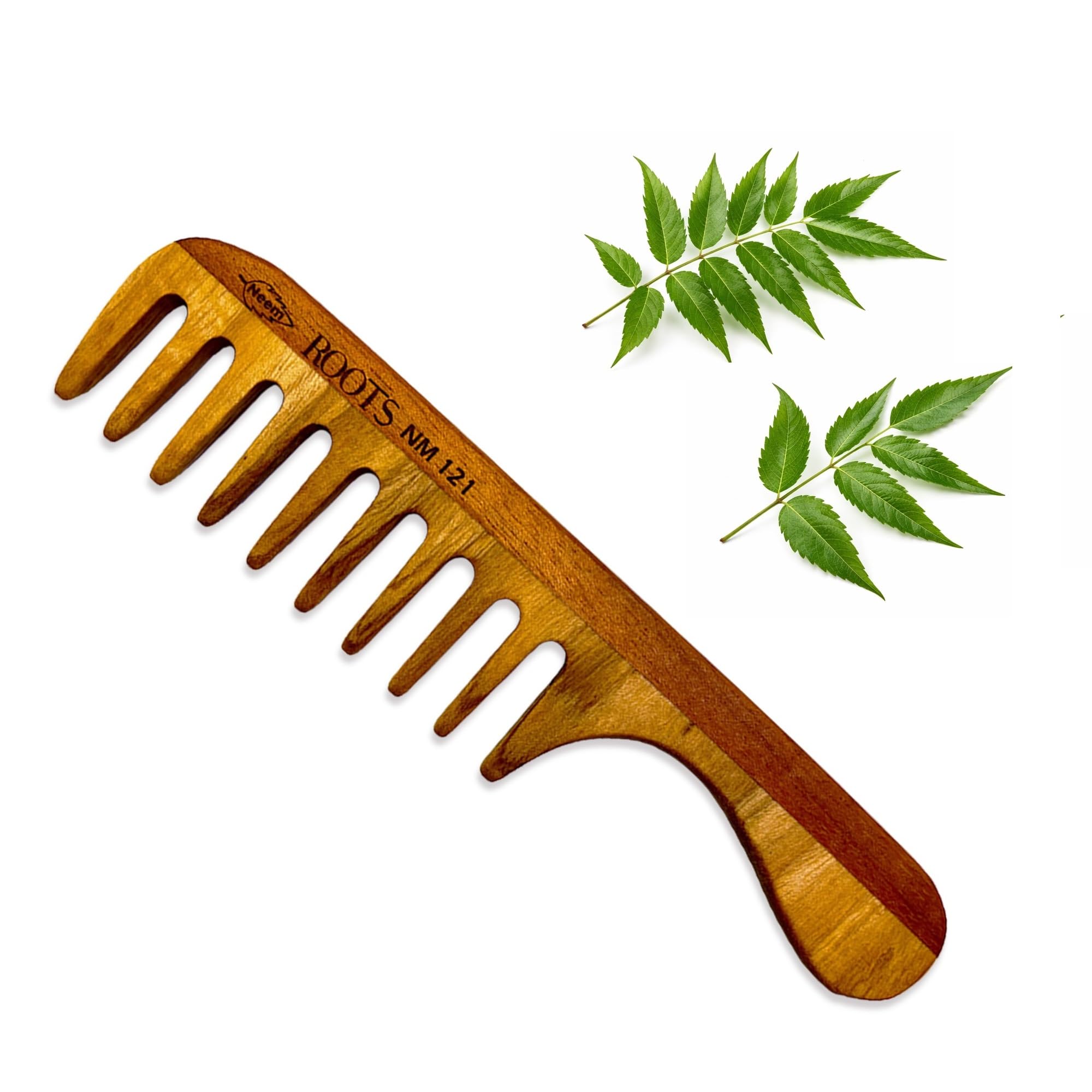 ROOTS Neem Wooden Comb with Handle | Wide Tooth | For Hair Detangling & Dandruff Control | Anti-Static & Frizz Control | For All Hair Types | Model No - NM121