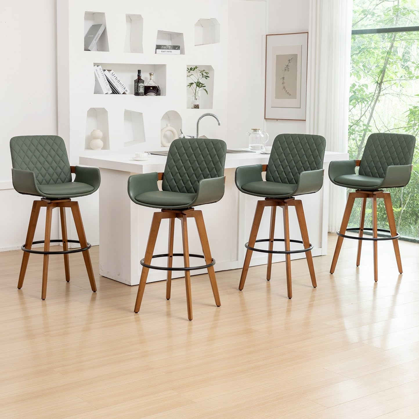 Counter Height Bar Stools Set of 2, Swivel 26 Inch Mid Century Modern Upholstered Counter Stools for Kitchen Island/Counter, Green