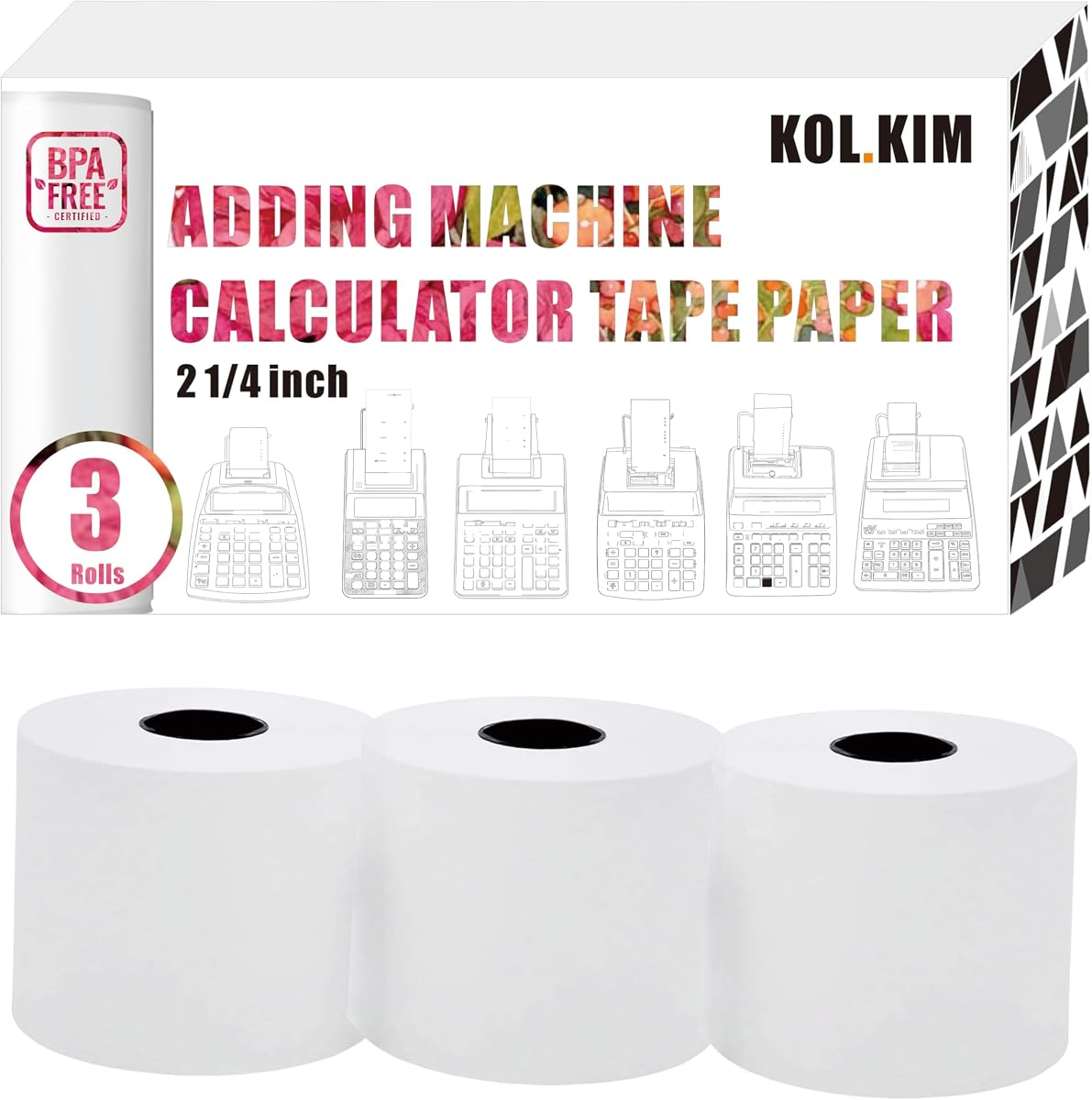 Adding Machine Paper Rolls 2 1/4 inch for Sharp EL-1197PIII EL-1801V Calculator Paper Rolls 2 1/4 for Canon P23-DHV MP11DX-2 HR-10RC HR-170RC HR-200RC Calculator Tape 3 Rolls