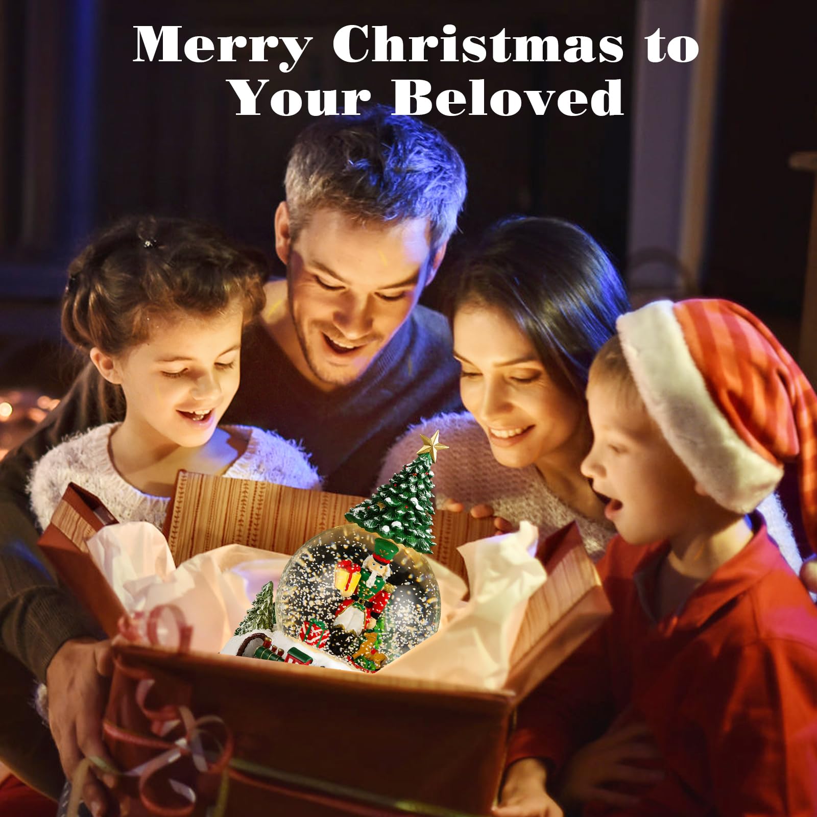 Lewondr Globo de Nieve Navideño, Globo de Cristal con 8 Canciones Navideñas, Caja de Música Eléctrica Reno con Tren y Cascanueces, Decoración de Navidad para Chimenea de Dormitorio