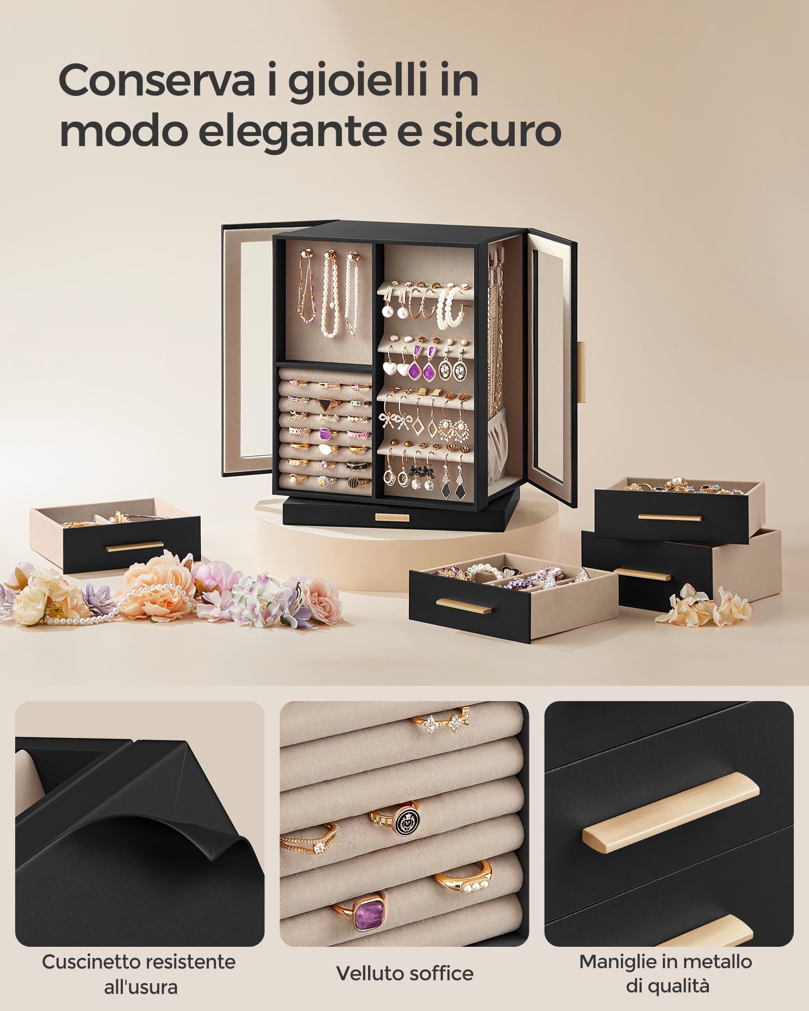 RELAX4LIFE Armadietto Portagioie Girevole Da Terra Con Porta A Specchio, Organizer Per Gioielli E Accessori Con Base Girevole A 360 Portaoggetti Con 3 Ripiani Bianco 54298463