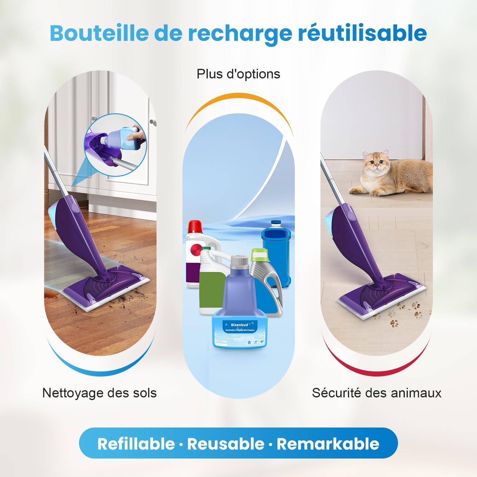 Bottiglia di ricarica riutilizzabile per Swiffer WetJet Kit Spray Mop, Bottiglia di ricarica da 500 ml, includere 1 bottiglia, 1 imbuto in silicone 5 guarnizione in silicone (non contiene agenti