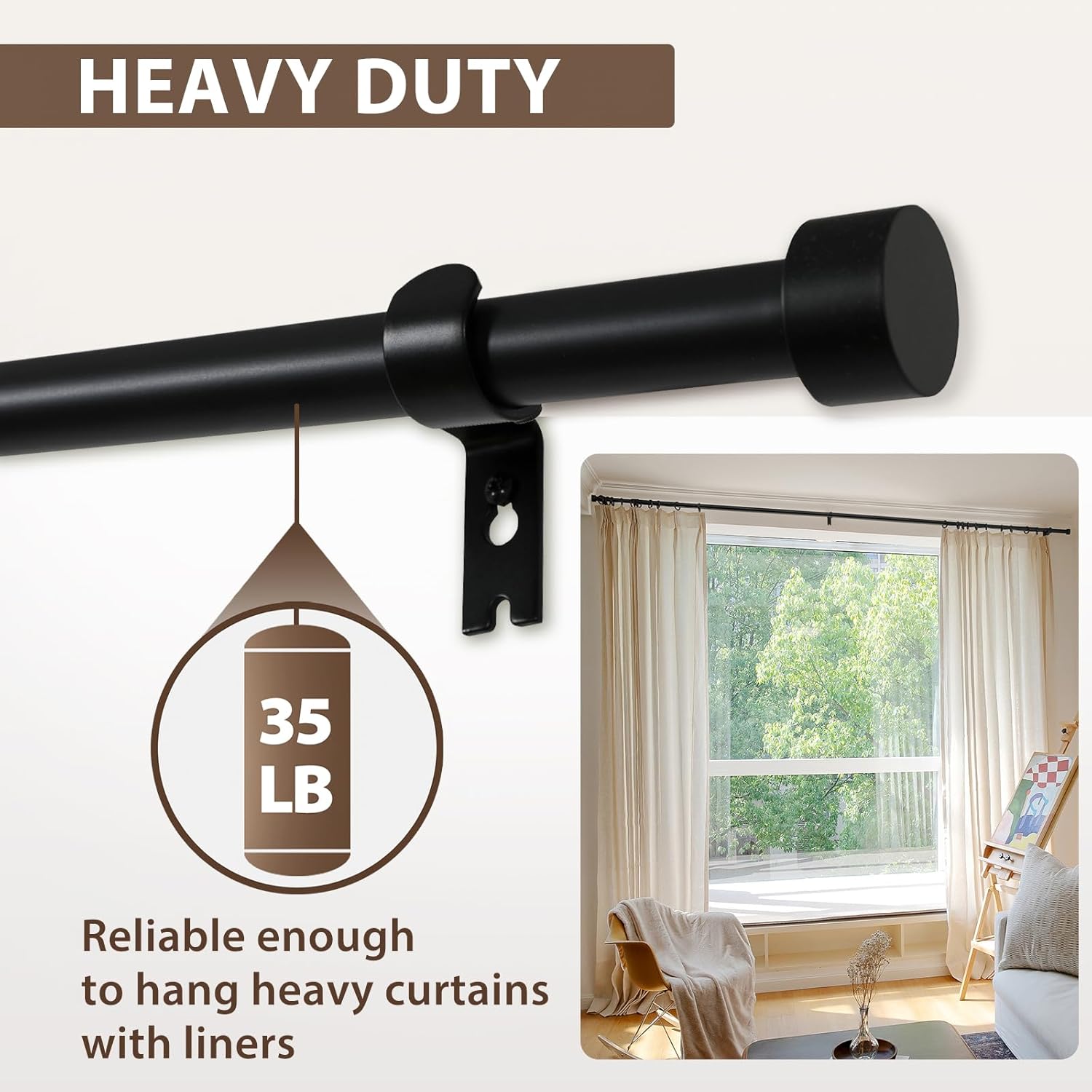 TWOPAGES Adjustable Curtain Rods for Windows 32 to 76 Inch, Heavy Duty 1 Inch Black Curtain Rod with Rings, Carbon Steel Curtain Rod Set