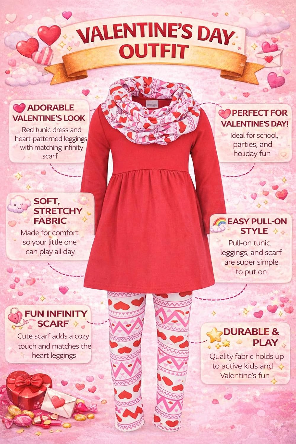 Unique Baby Girls Kids Toddler 3pc Outfit Set Long Sleeve Cotton Blend Tunic Top Leggings and Scarf - Image 3