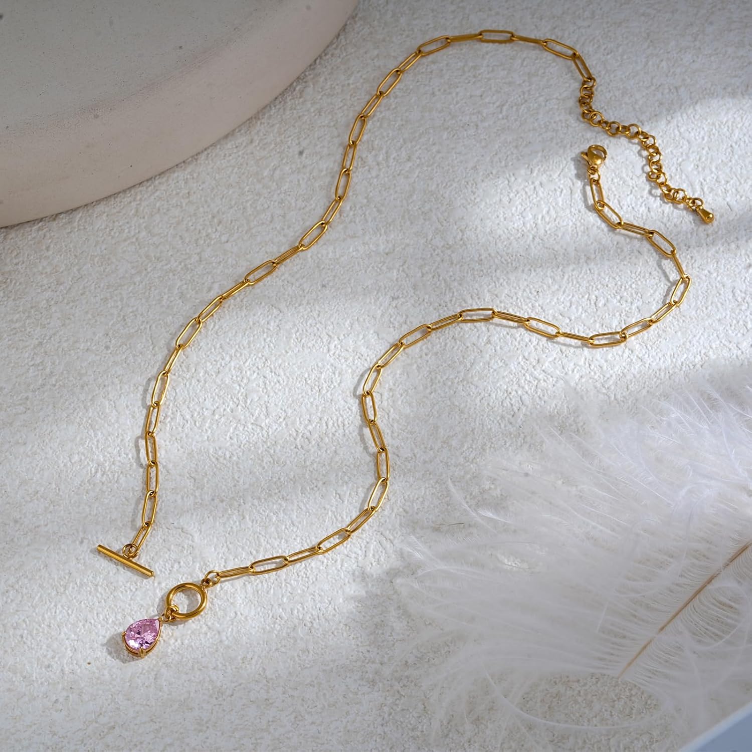 Paperclip Toggle Necklace 18K Gold Plating 8 * 10mm Teardrop Cut CZ Birthstone Pendant Paper Clip Chain Necklace Gemstone Crystal Jewelry Gift for Women - Image 7