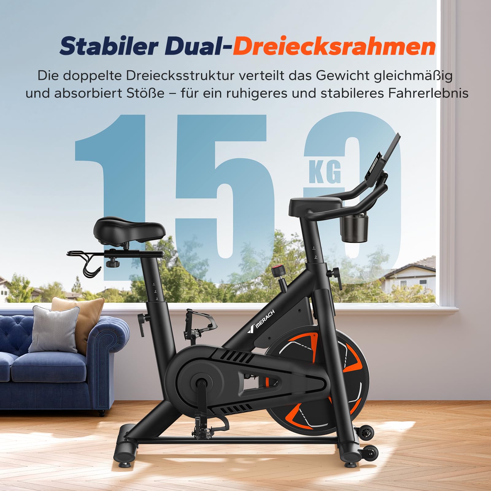 MERACH Rower domowy z magnetycznym oporem, cichy rower mieszkalny z amortyzującym siodełkiem z poduszką powietrzną, ekran LCD, ekskluzywna aplikacja, stabilna rama H, obciążenie do 150 kg