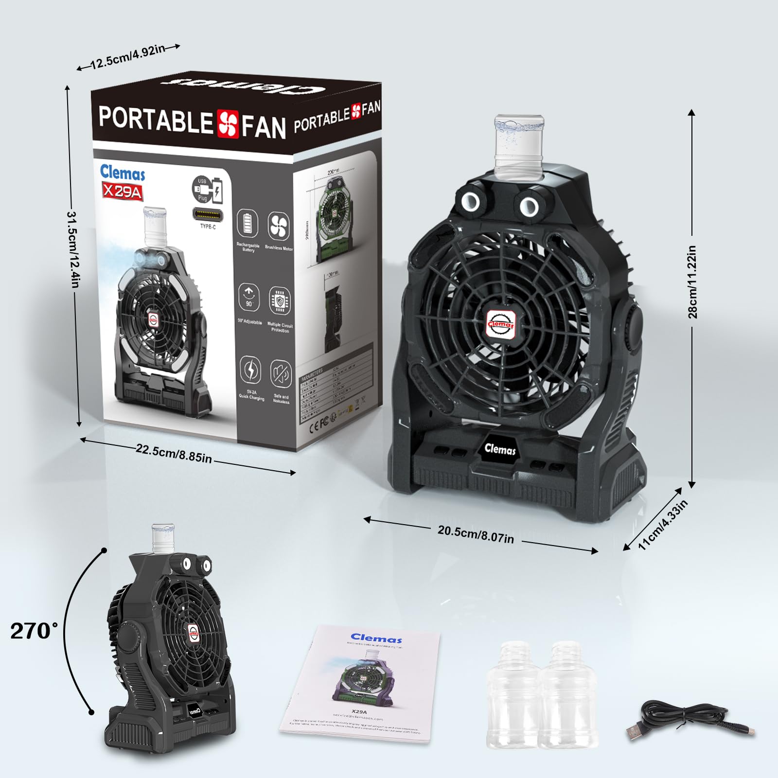 Clemas Grand Ventilateur de Camping avec Brumisateur Rechargeable Portable 14000mAh/26000mAh RGB LED Minuteur Alimentation Extérieur Urgences