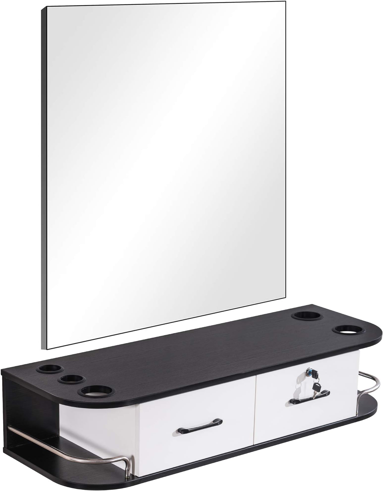 BarberPub Locking Wall Mount Styling Barber Station with Mirror Beauty Spa Salon Furniture,6154-5012-mirror (Black&White)