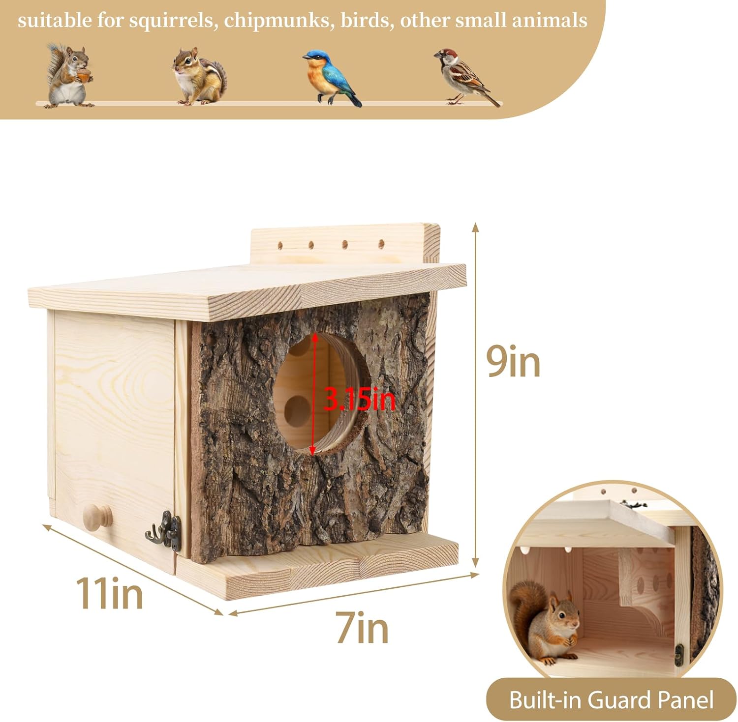 Squirrel Nesting Box with Predator Guard - Easy Assembly Squirrel Houses for Outside Nesting, Wooden Nesting Box for Squirrels,Chipmunk,Bird and Small Animals