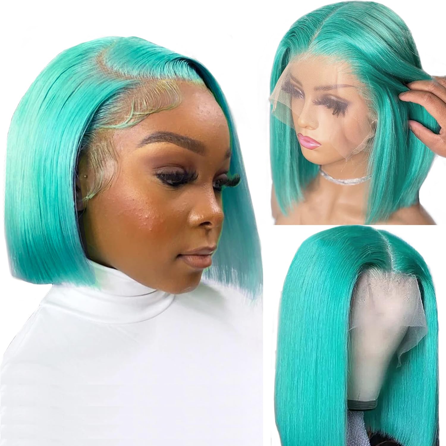 Ubetta Lake Blue Bob Wig Human Hair, 13x4 Lace Front Wigs Human Hair 180 Density Glueless Wig Human Hair Lace Front Wigs Pre Plucked with Baby Hair 12