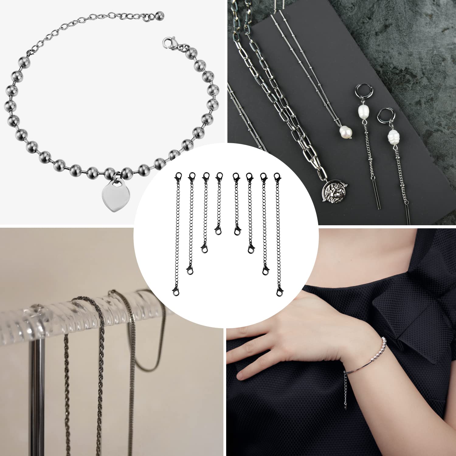 8 sztuk Jewelry Extender Chain, Rozmiar 4 Extension for Necklace Chain Lancuszek Przedluzajacy do Tworzenia Bizuterii Naszyjnik Bransoletka Obraczka (Czarny)