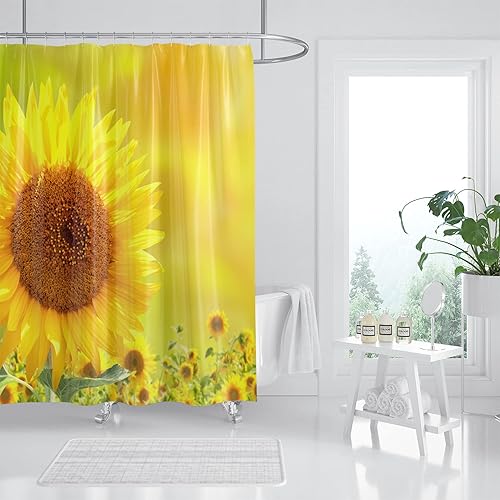 Hipposama Cortina de ducha de girasol, juego de cortina de ducha de girasol amarillo de primavera campestre, cortinas de ducha florales de acuarela