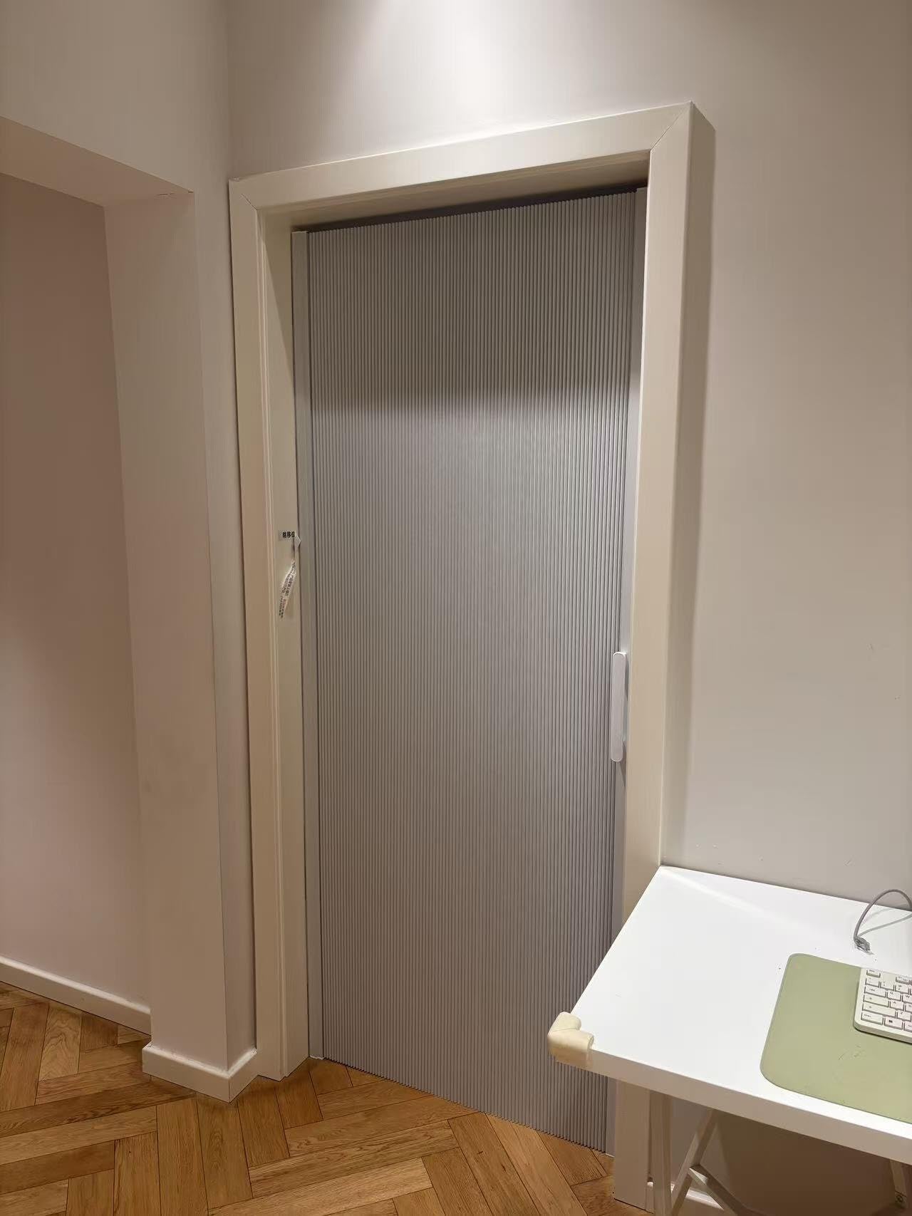 Concertina door Magnetic Folding Invisible Door, Grey Waterproof Accordion Shower Curtain Door for Bedrooms Laundry Rooms, Room Divider Privacy Door Gate No Track & No Drilling(60x200cm/24x79in)