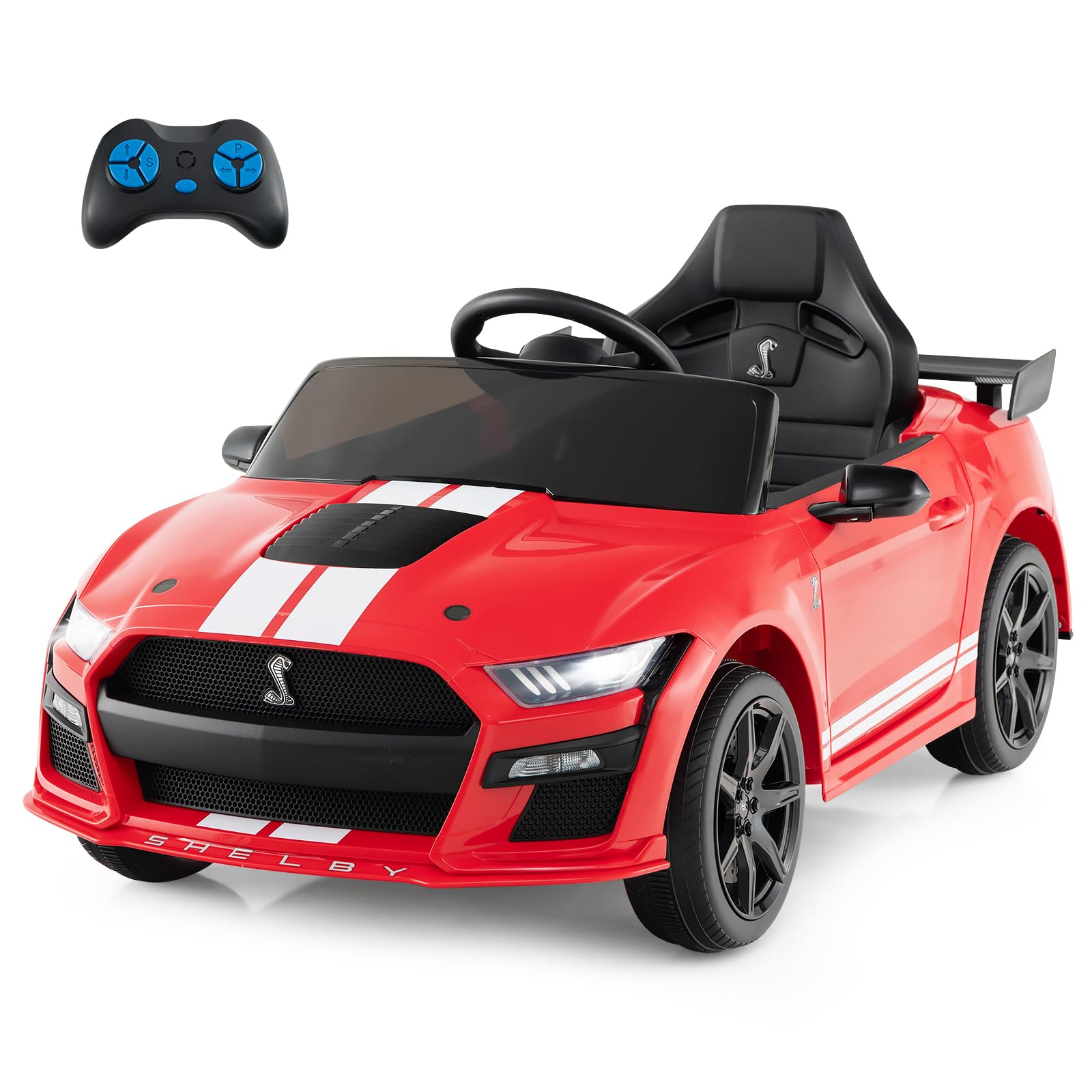 COSTWAY 12V Kids Electric Ride on Car with Remote Control, USB Port, Music, Light, Horn, Licensed Ford Mustang Shelby GT500 Battery Powered Toy Vehicle for Boys and Girls (Red)