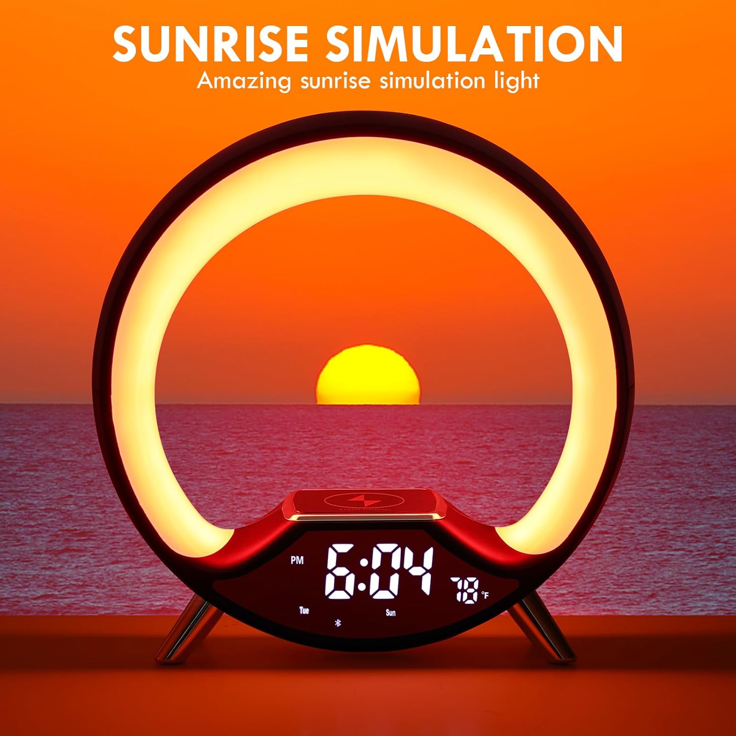 GuDoQi Sunrise Alarm Clock with Fast Wireless Charger Station and Bluetooth, Full Screen with Sunrise Simulation Light, Sleep Aid, Dual Alarms, FM Radio, 10 Colors Nightlight for Bedroom, Black - Image 8