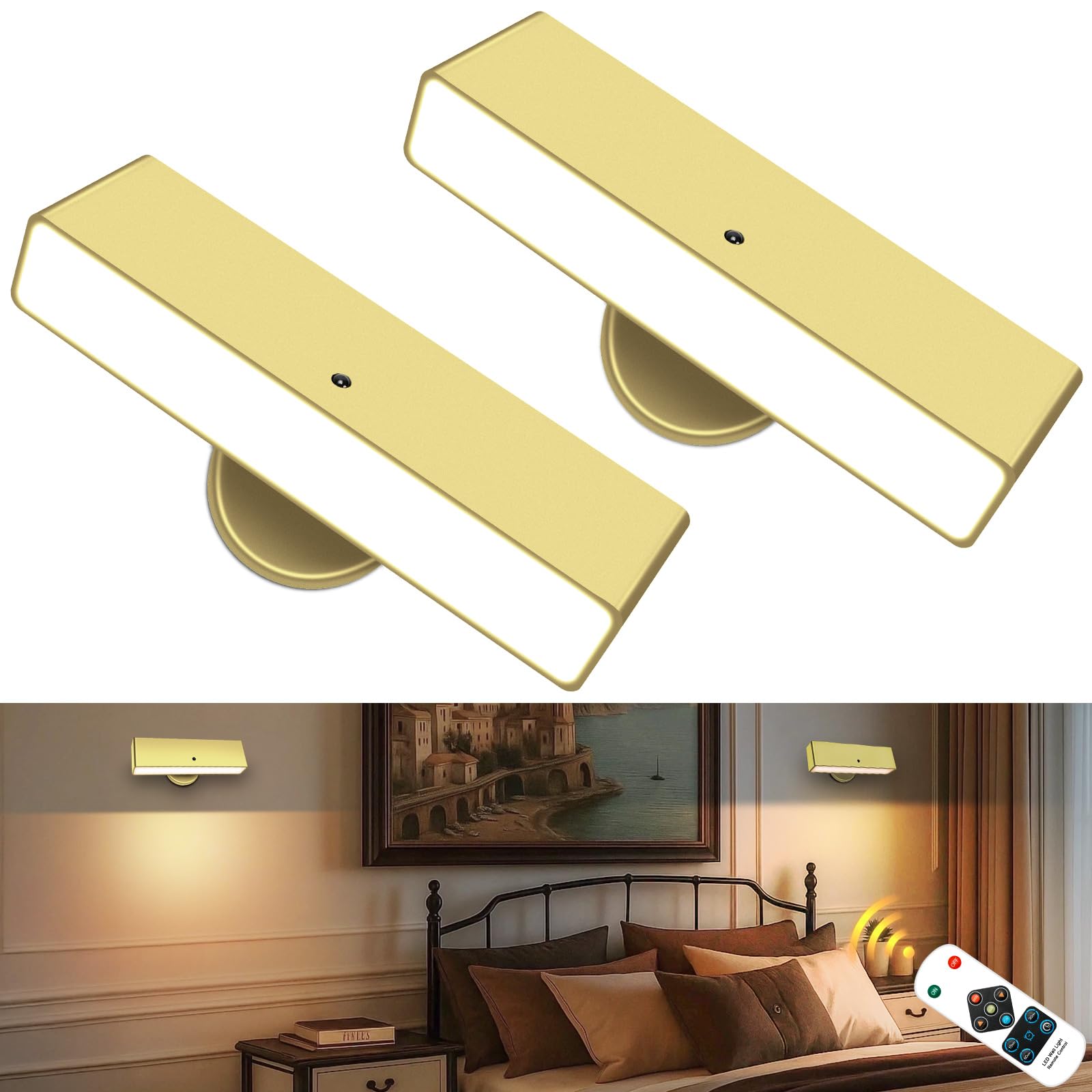DetarZinLED 2 stuks wandlamp zonder stroomaansluiting, LED wandlamp snoerloos, batterij binnen, dimbare touch control bedlamp, 360 ° draaibare batterij leeslamp hout voor slaapkamer woonkamer