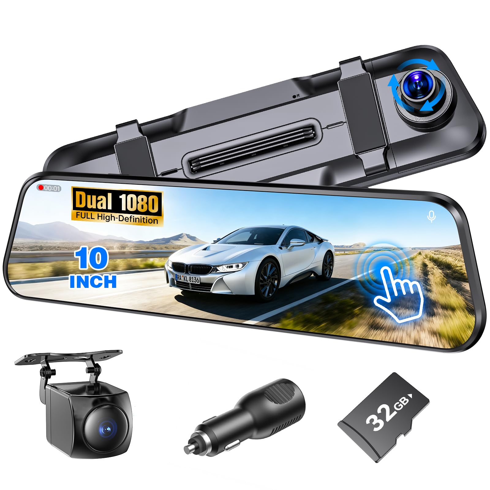 Mirror Dash Cam Rear View Mirror Camera 10 Smart Touch Screen Dash Camera for Cars G-Sensor Loop Recording