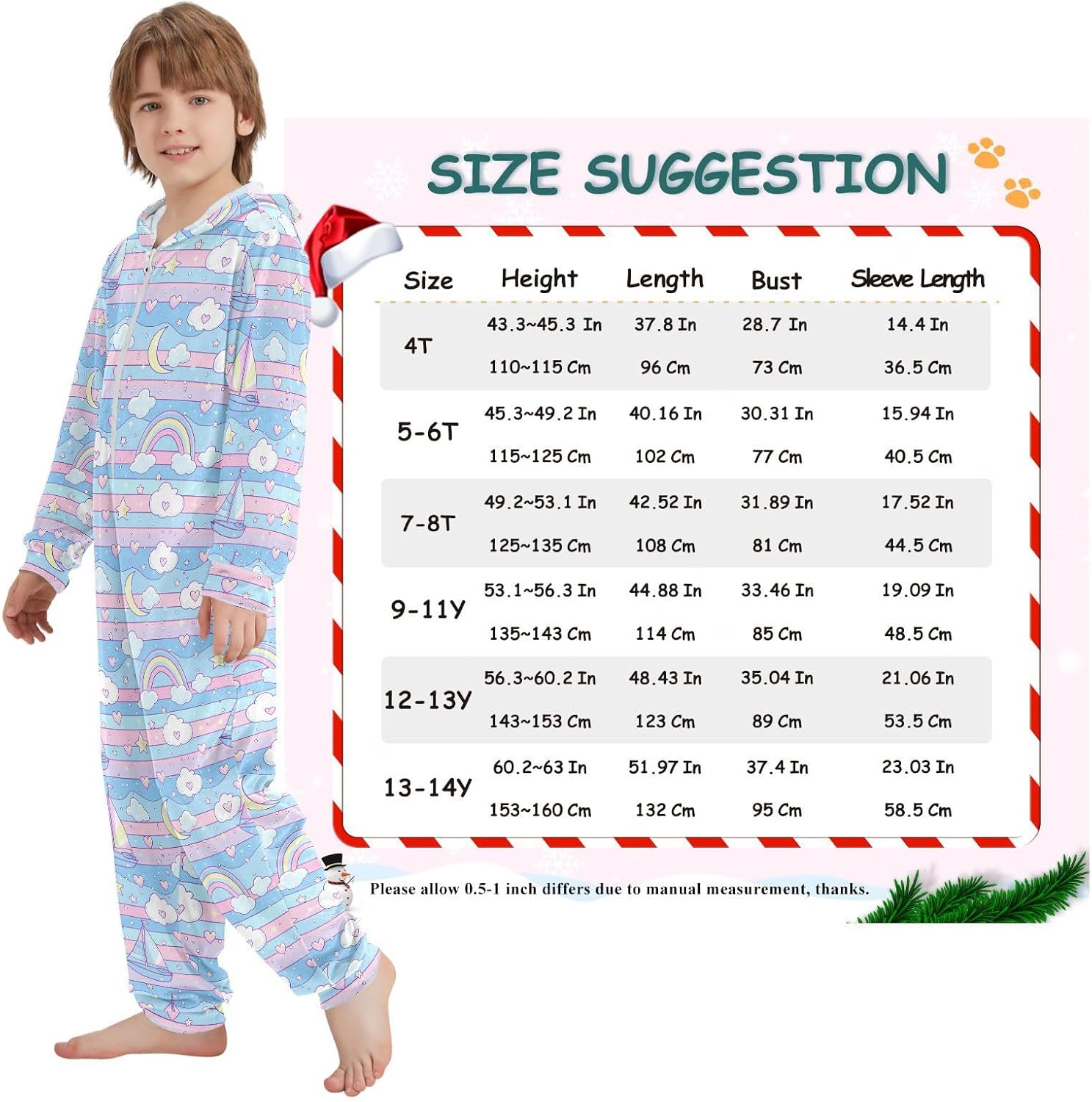 Sleepwear Holiday Pajamas Soft Cozy Hooded One-Piecing Sleeper Loungewear for Christmas Home 4-14Y