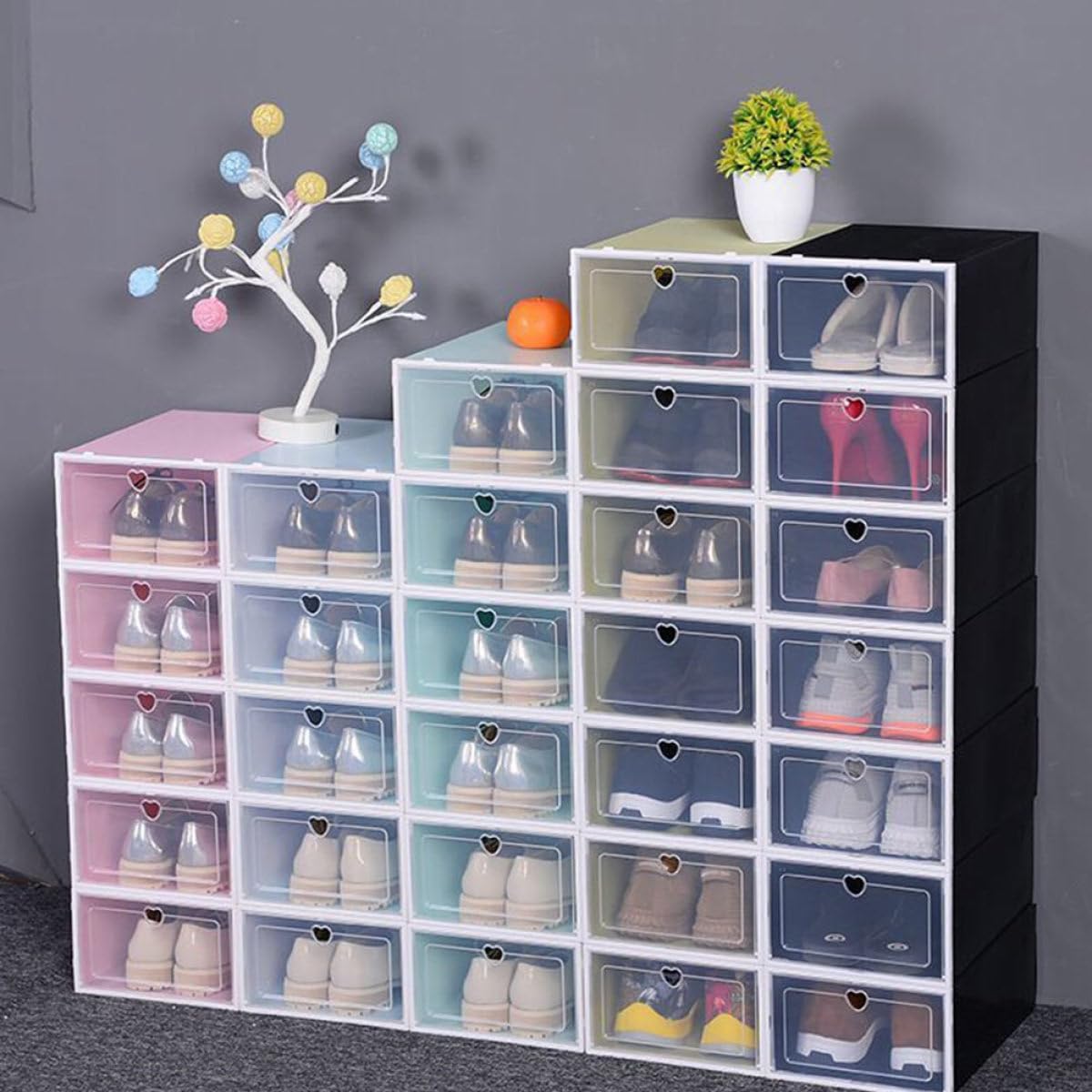Set da 4 Scatole Porta Scarpe Trasparenti Coperchio Organizzatori per Scarpe in Plastica Spessa Contenitori di Stoccaggio Grandi Capacità per Casa e Armadio Design a Cassetto