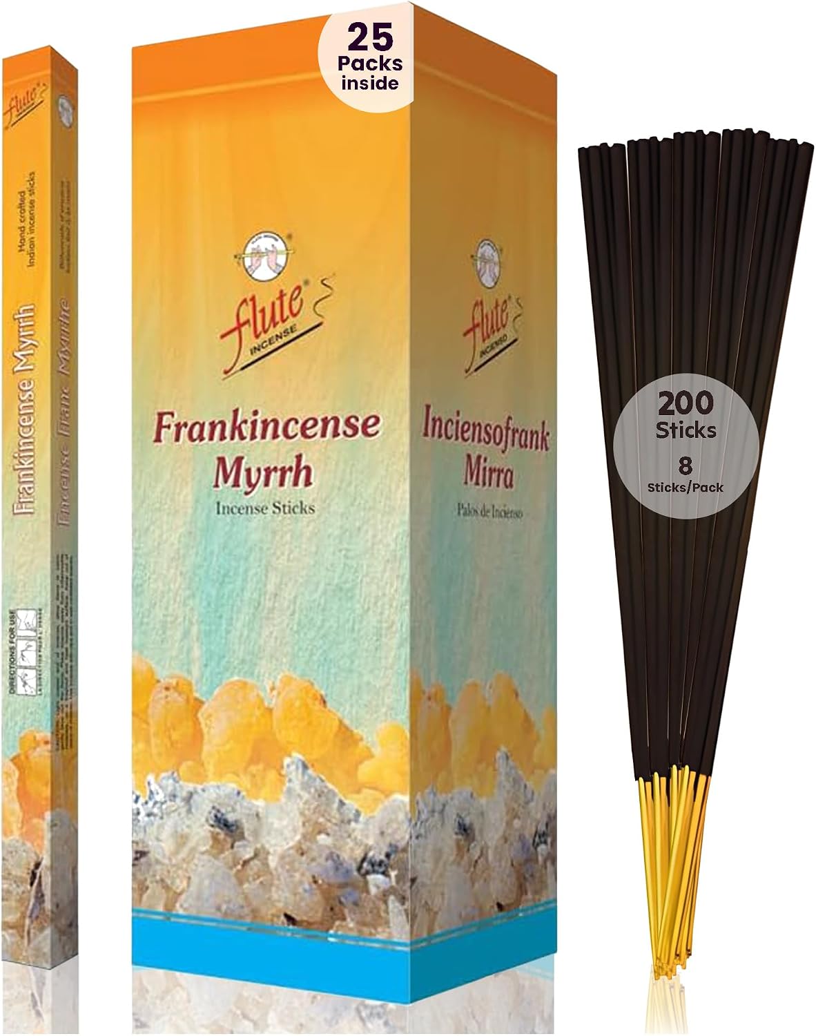 Flute Frankincense & Myrrh Incense Sticks for Meditation, Relaxation, Grounding & Reflection – 8 Sticks/Pack, 25 Packs/Box (9 Inch, 200 Sticks) | 40 Minutes Burn Time
